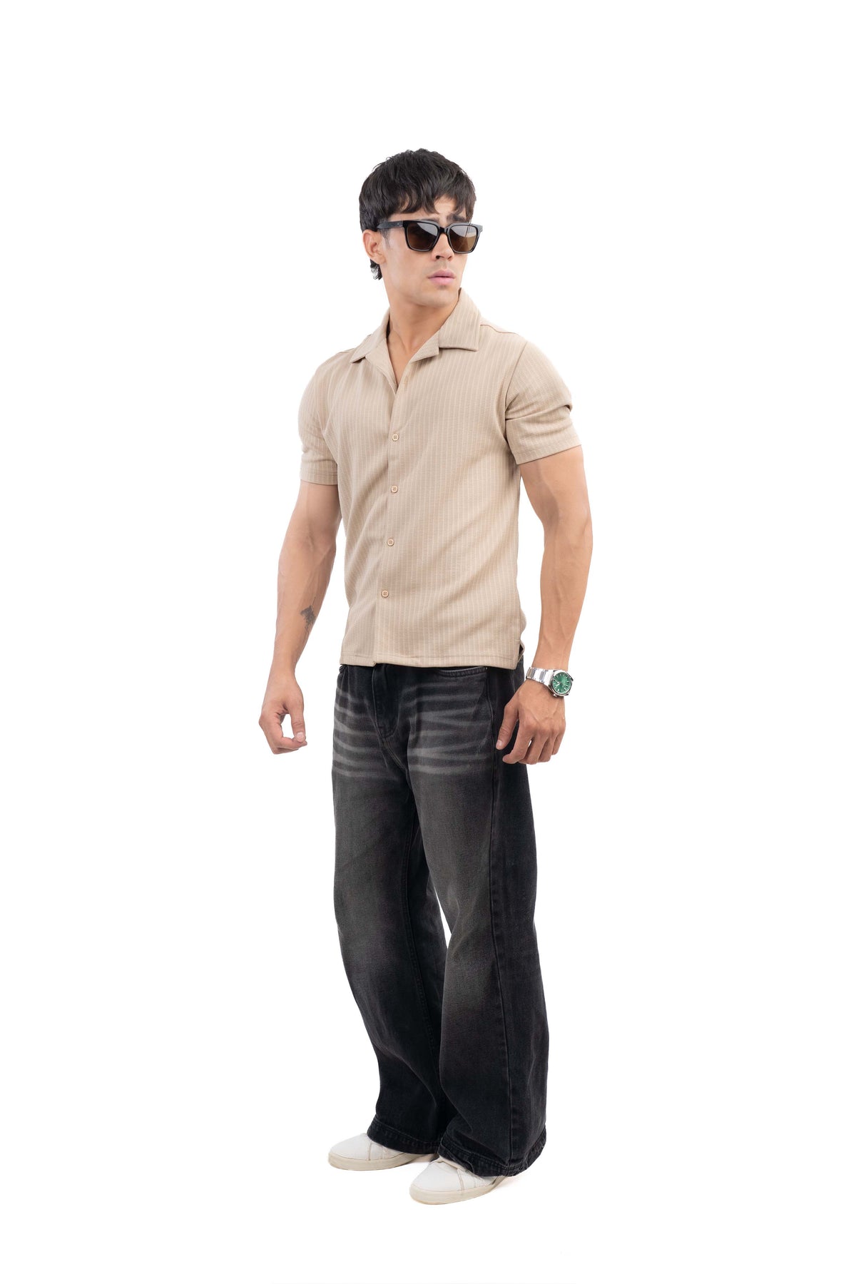 Beige Textured Cuban Collar Half Sleeve Shirt