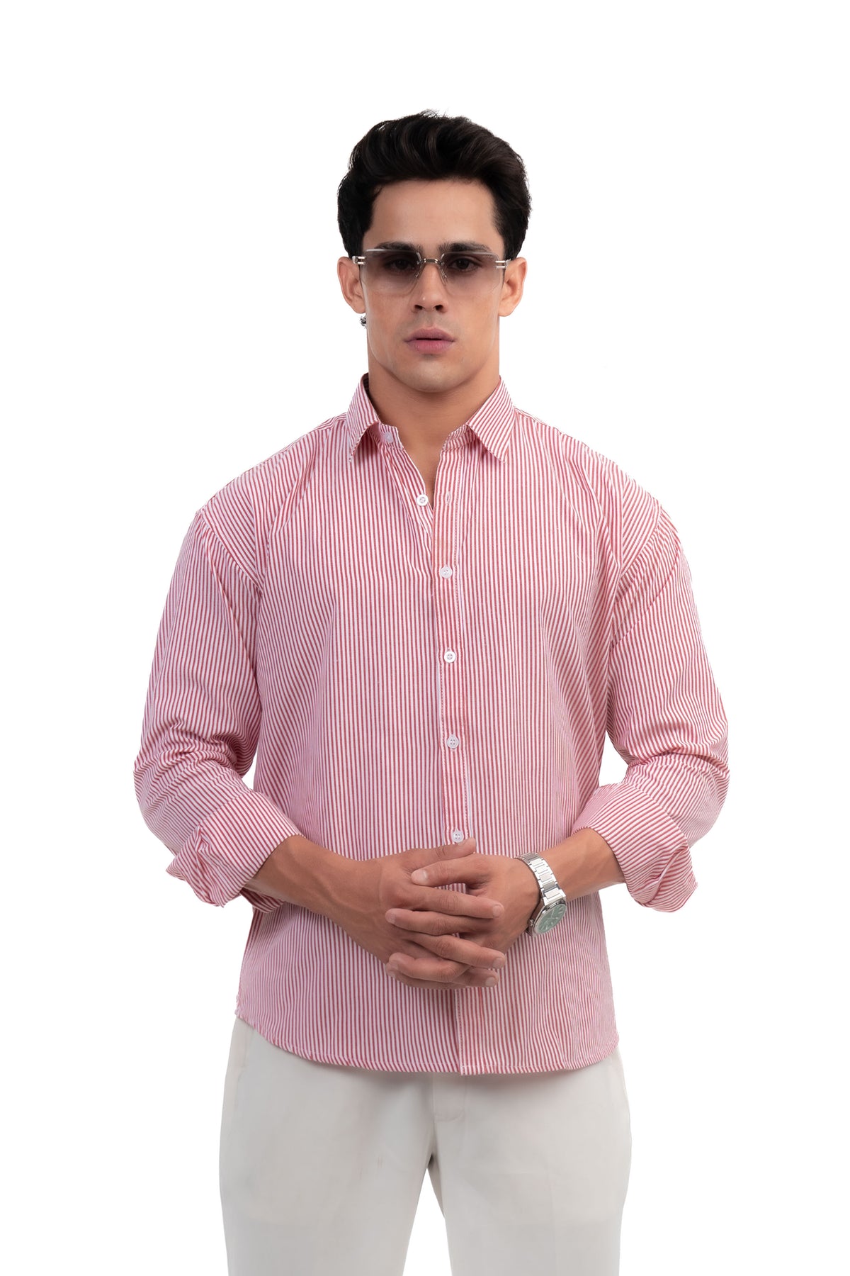 Red and White Striped Regular Fit Full Sleeves Shirt