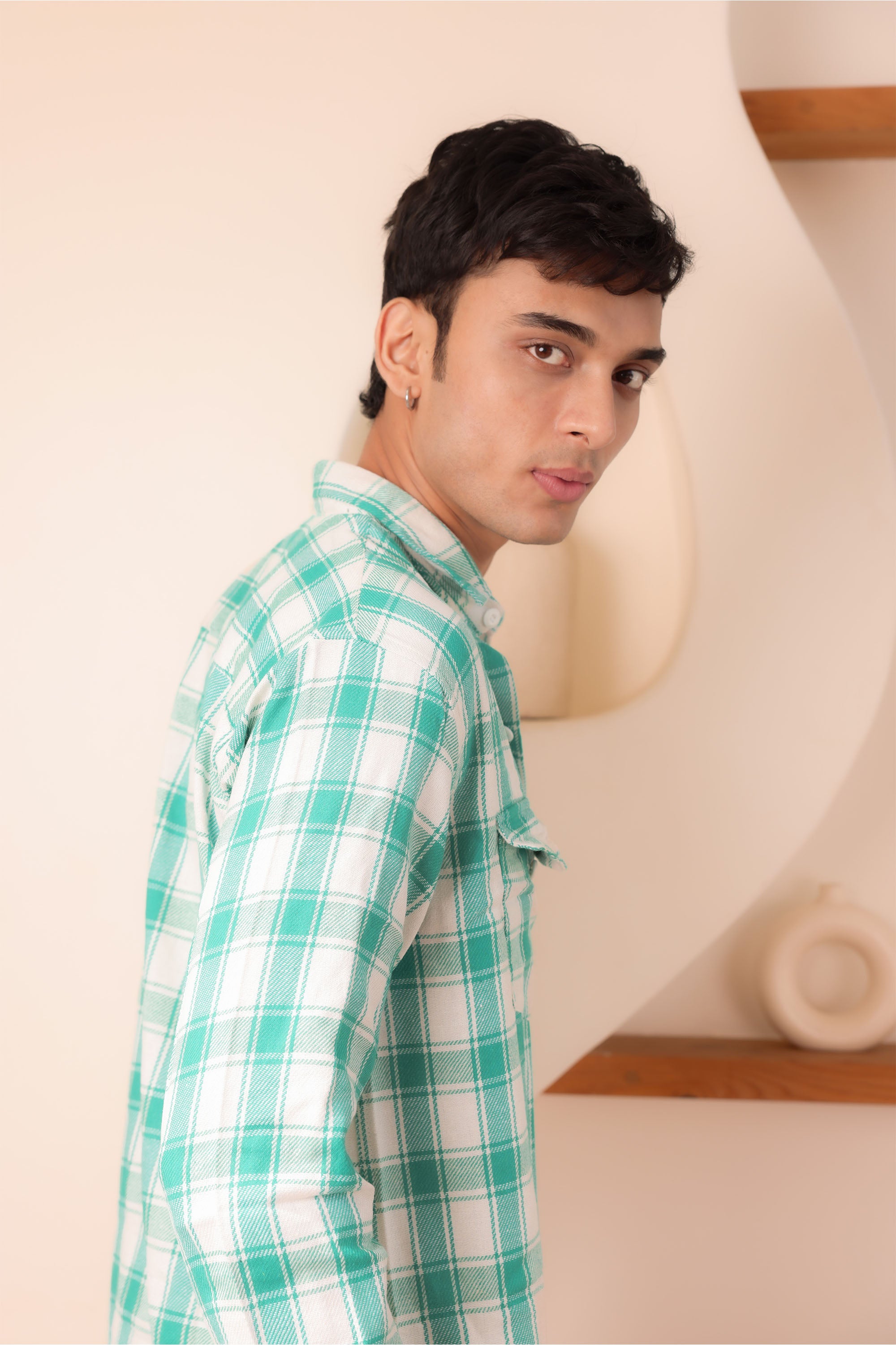 White And Green Structured Checks Shirt