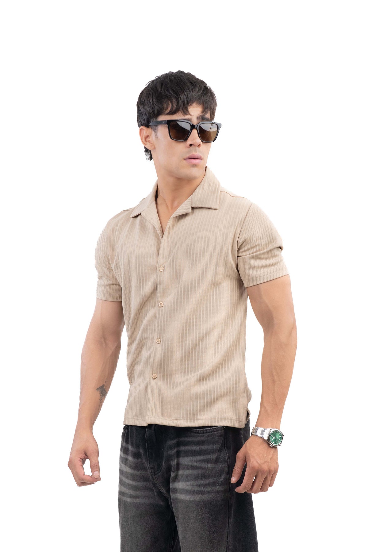 Beige Textured Cuban Collar Half Sleeve Shirt
