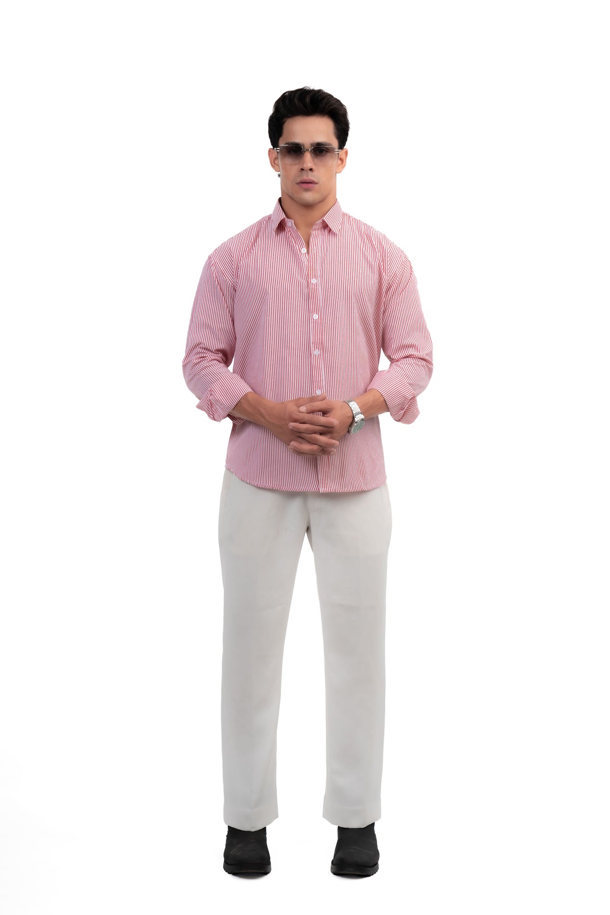 Red and White Striped Regular Fit Full Sleeves Shirt
