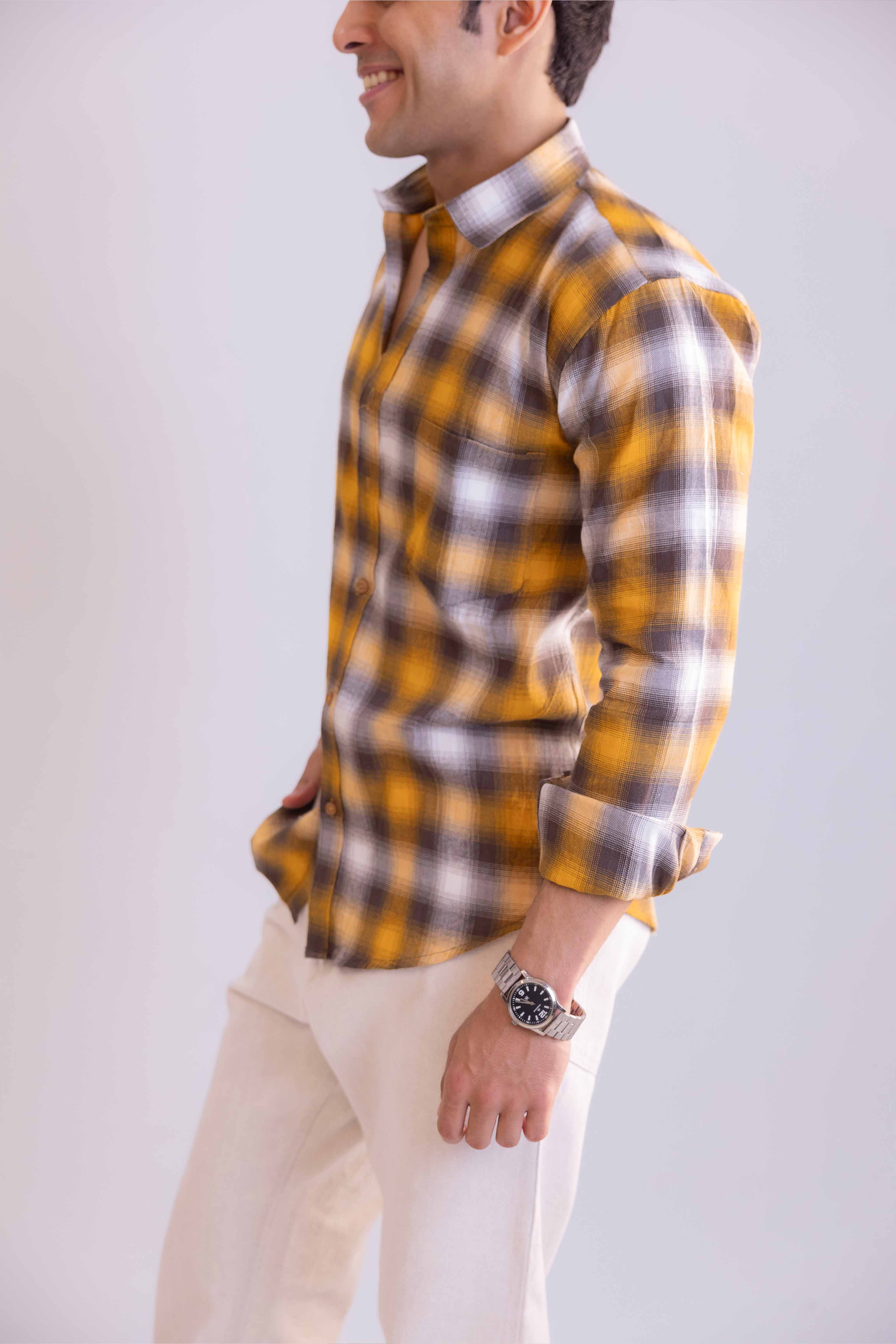 Yellow and Black Structured Checks Shirt