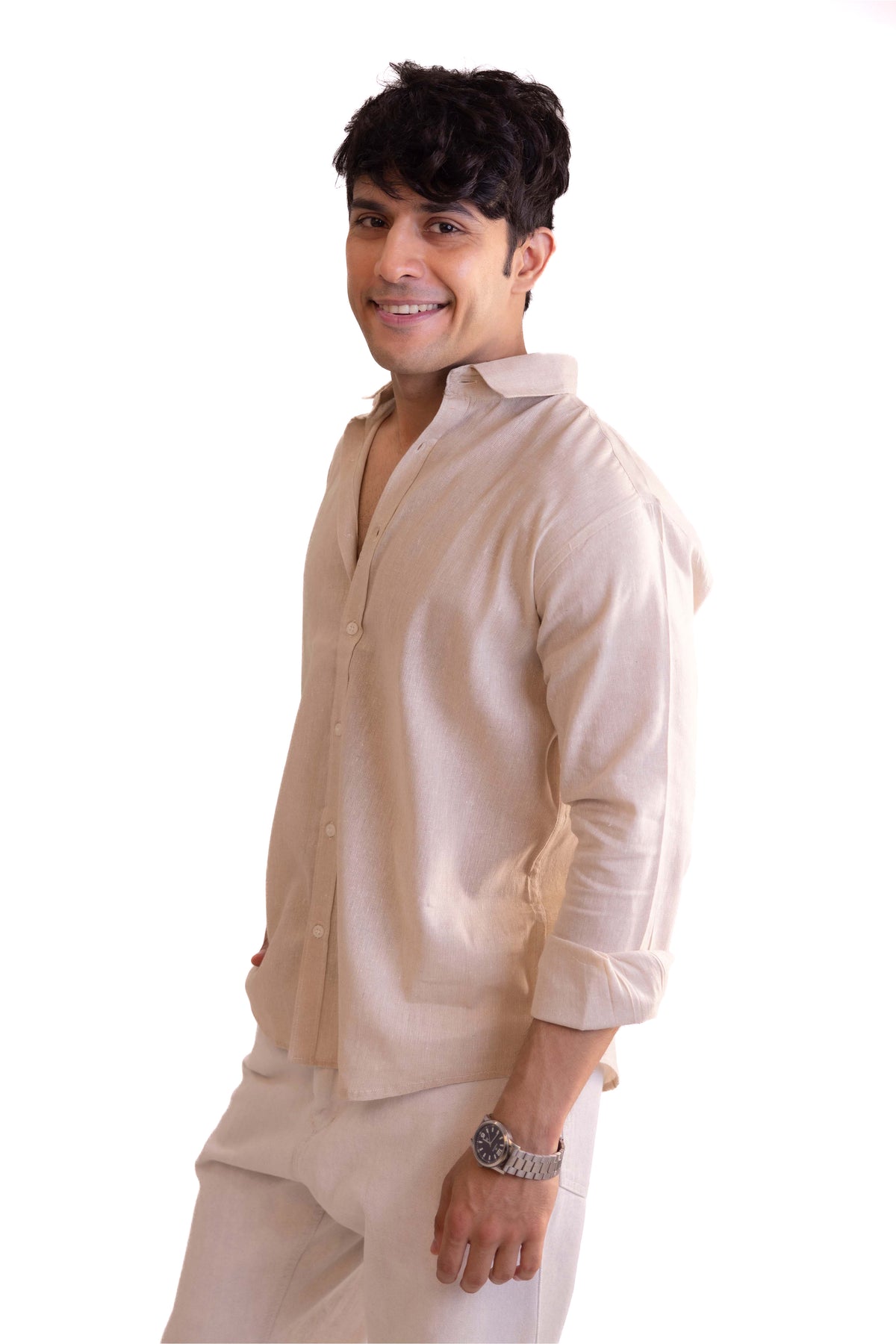 Beige Regular Fit Textured Casual Shirt