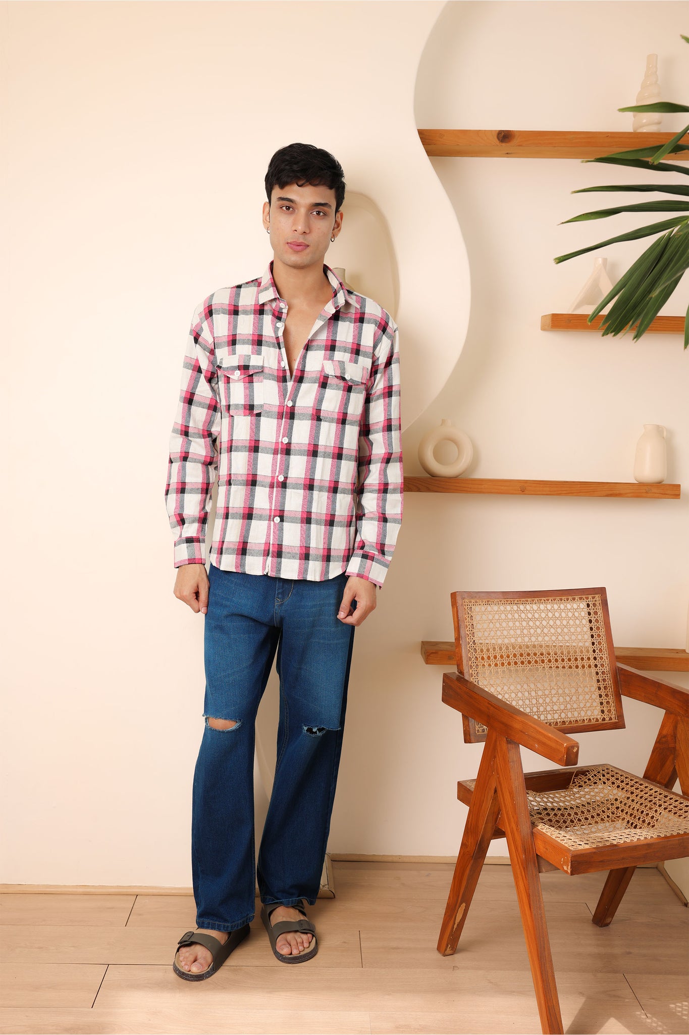 White And Green Structured Checks Shirt