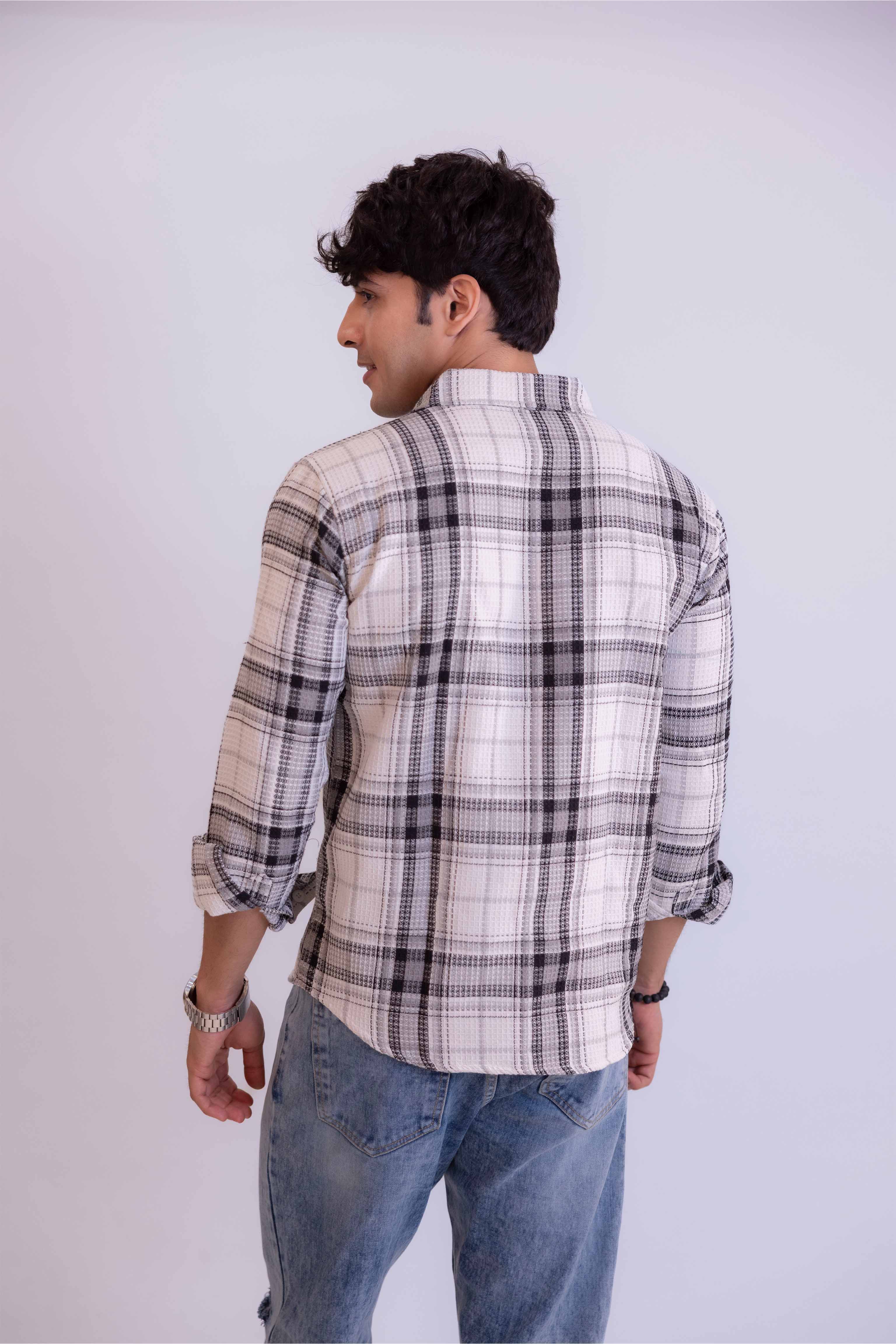 White Waffle Checks Regular Fit Full Sleeves Shirt