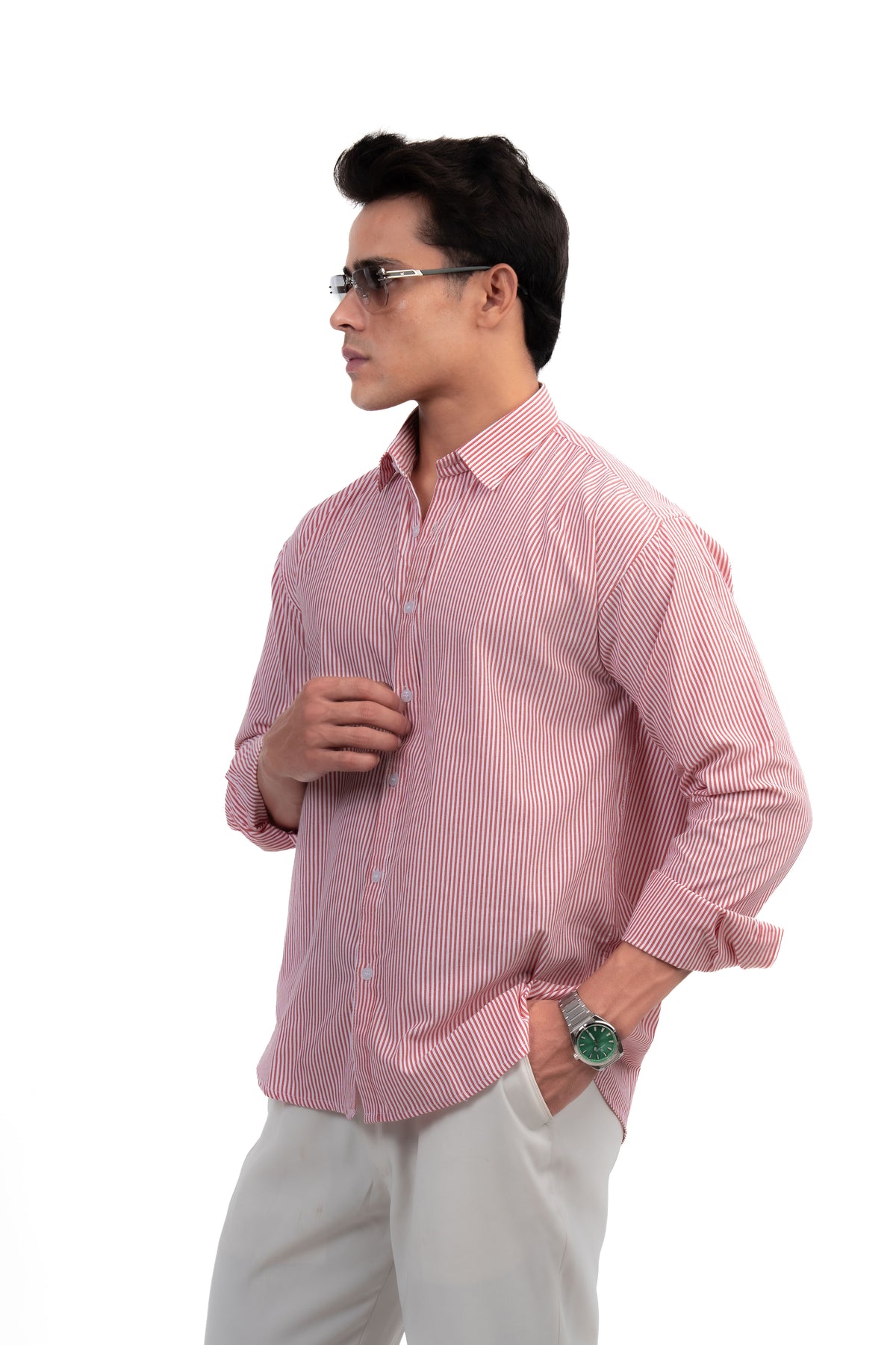 Red and White Striped Regular Fit Full Sleeves Shirt