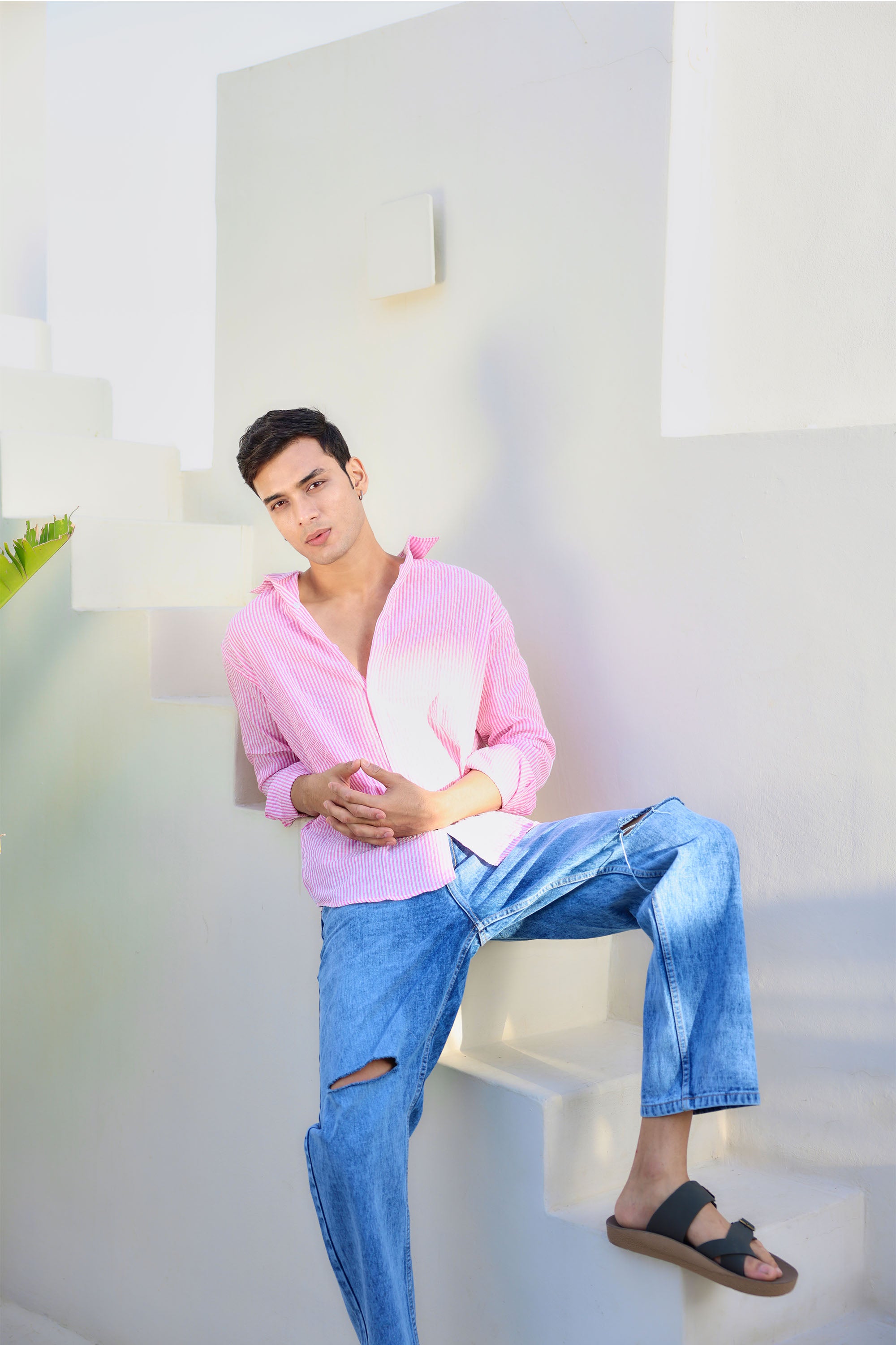 Pink and White Regular fit Striped Full Sleeves Shirt