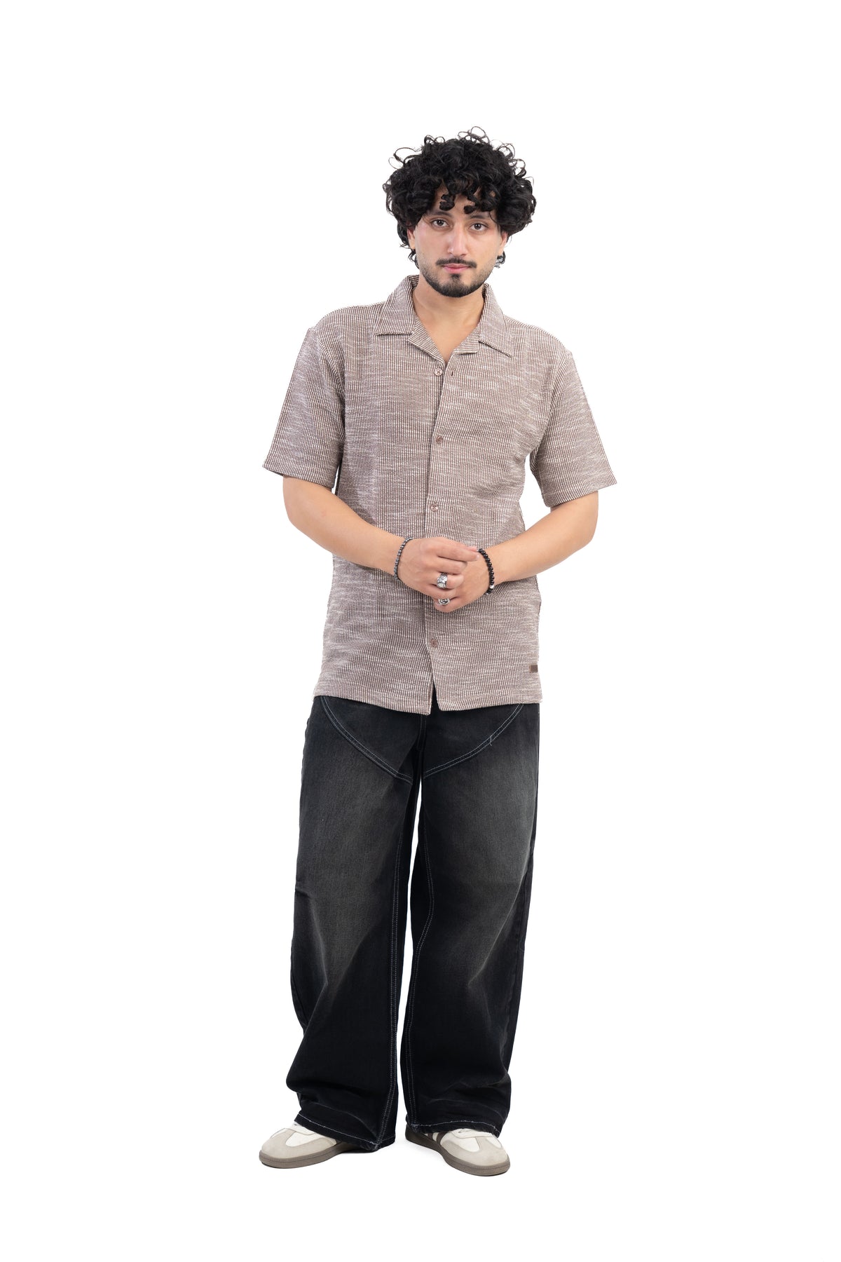 Textured Knit Half Sleeve Shirt Brown