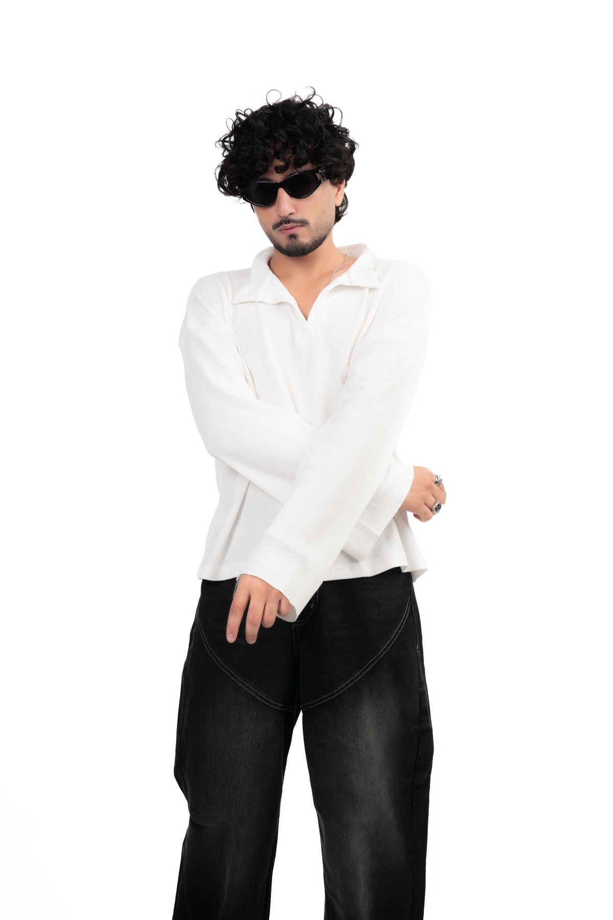 White Oversized Waffle Polo Tee