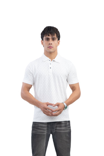White Textured Check Polo T-Shirt