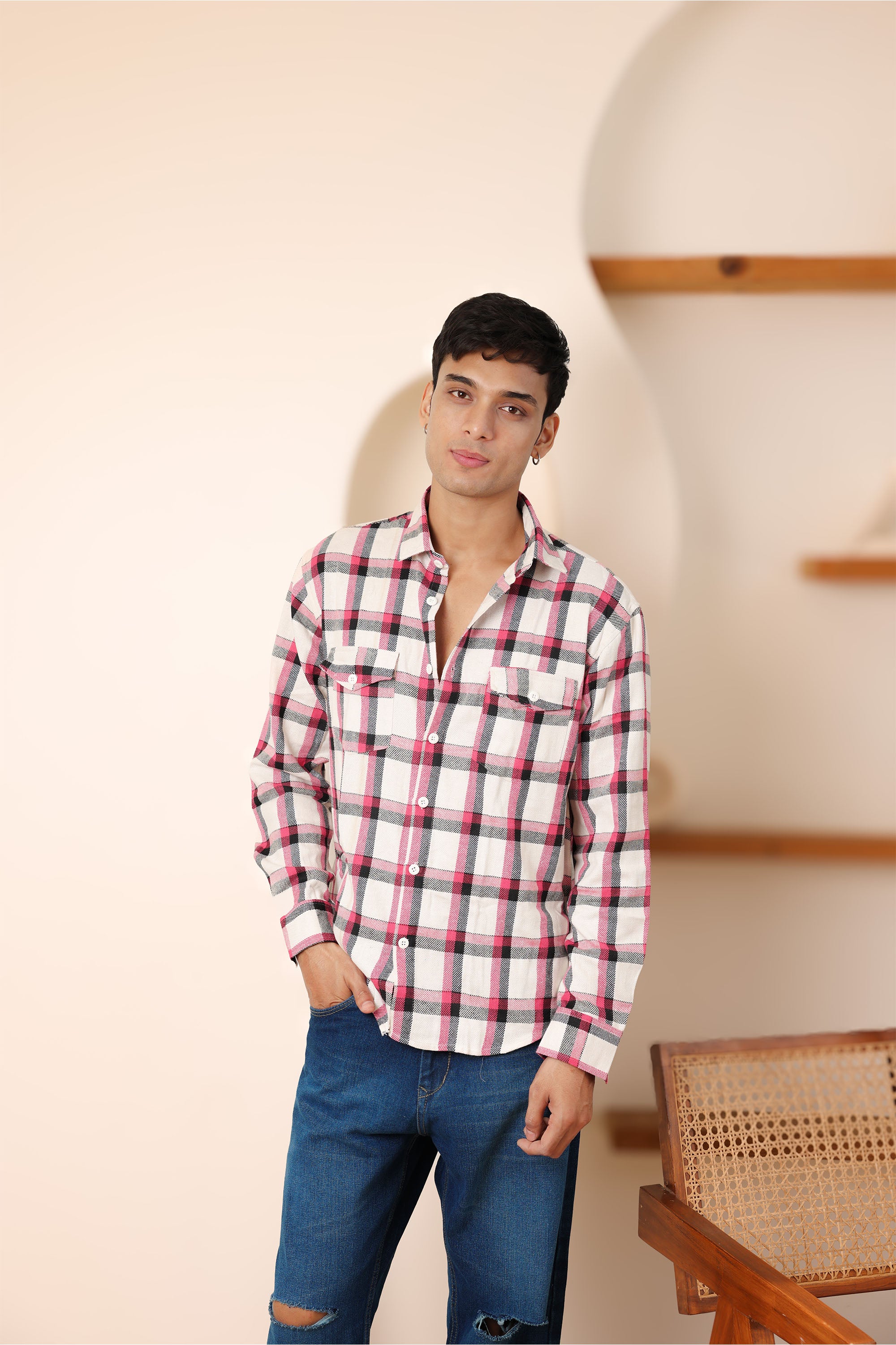 White And Green Structured Checks Shirt