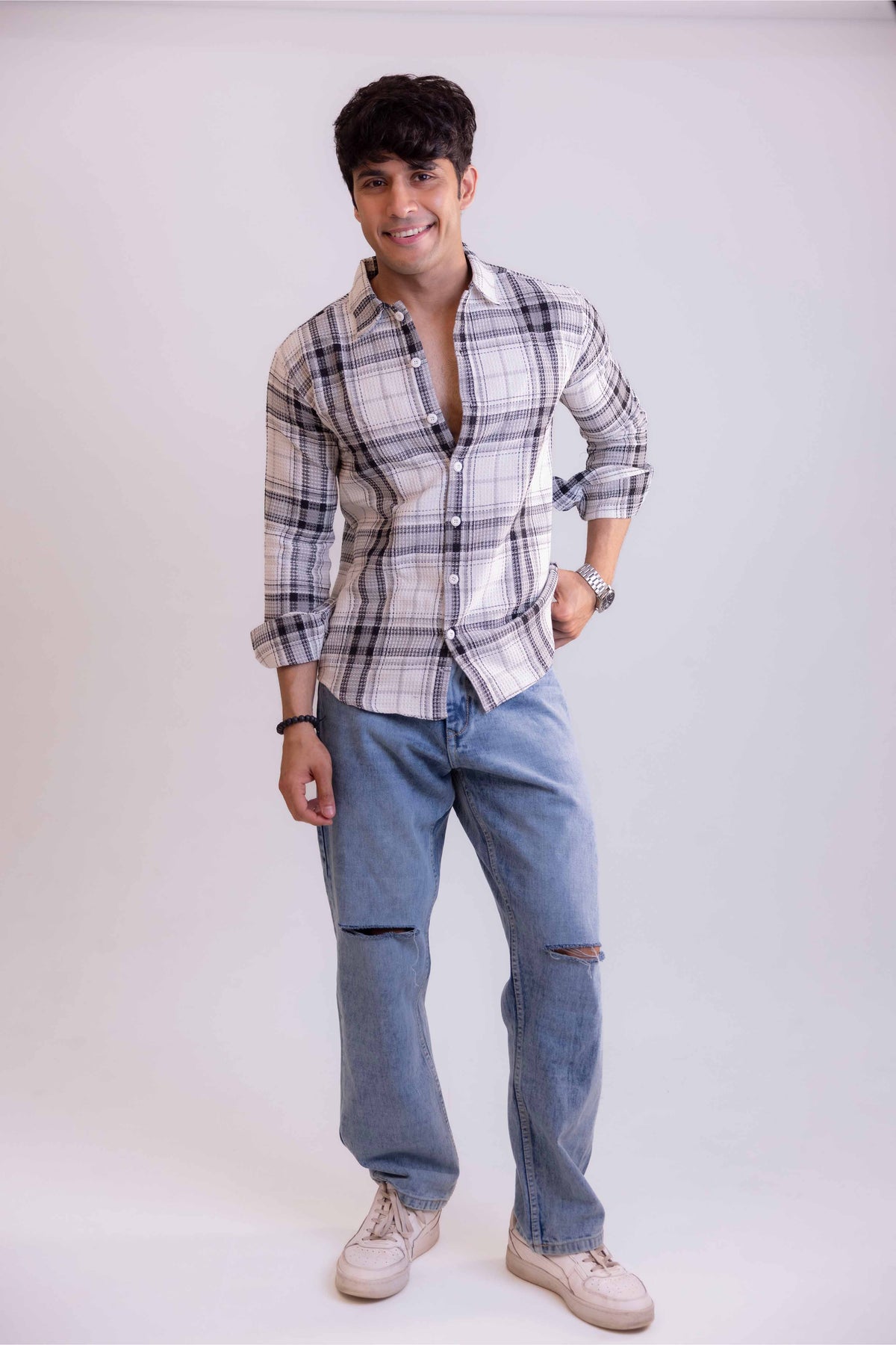 White Waffle Checks Regular Fit Full Sleeves Shirt