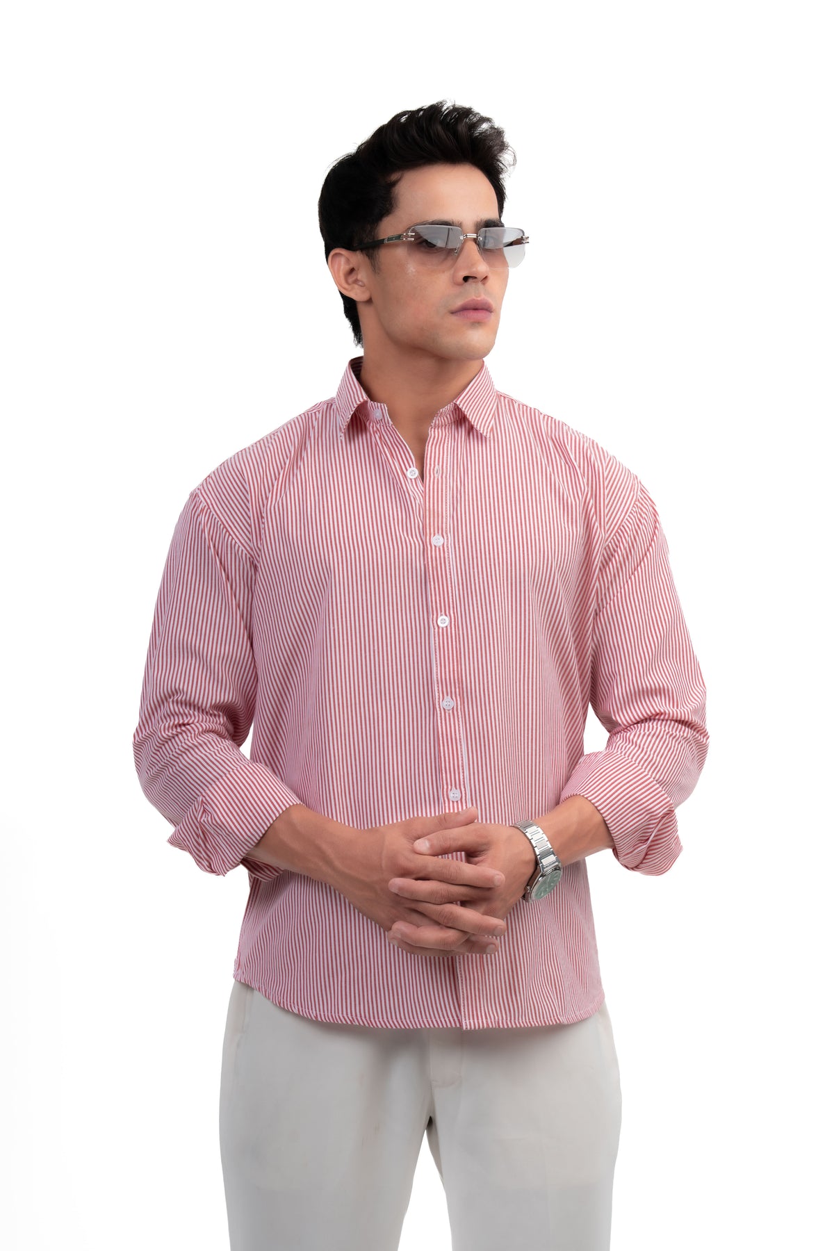 Red and White Striped Regular Fit Full Sleeves Shirt