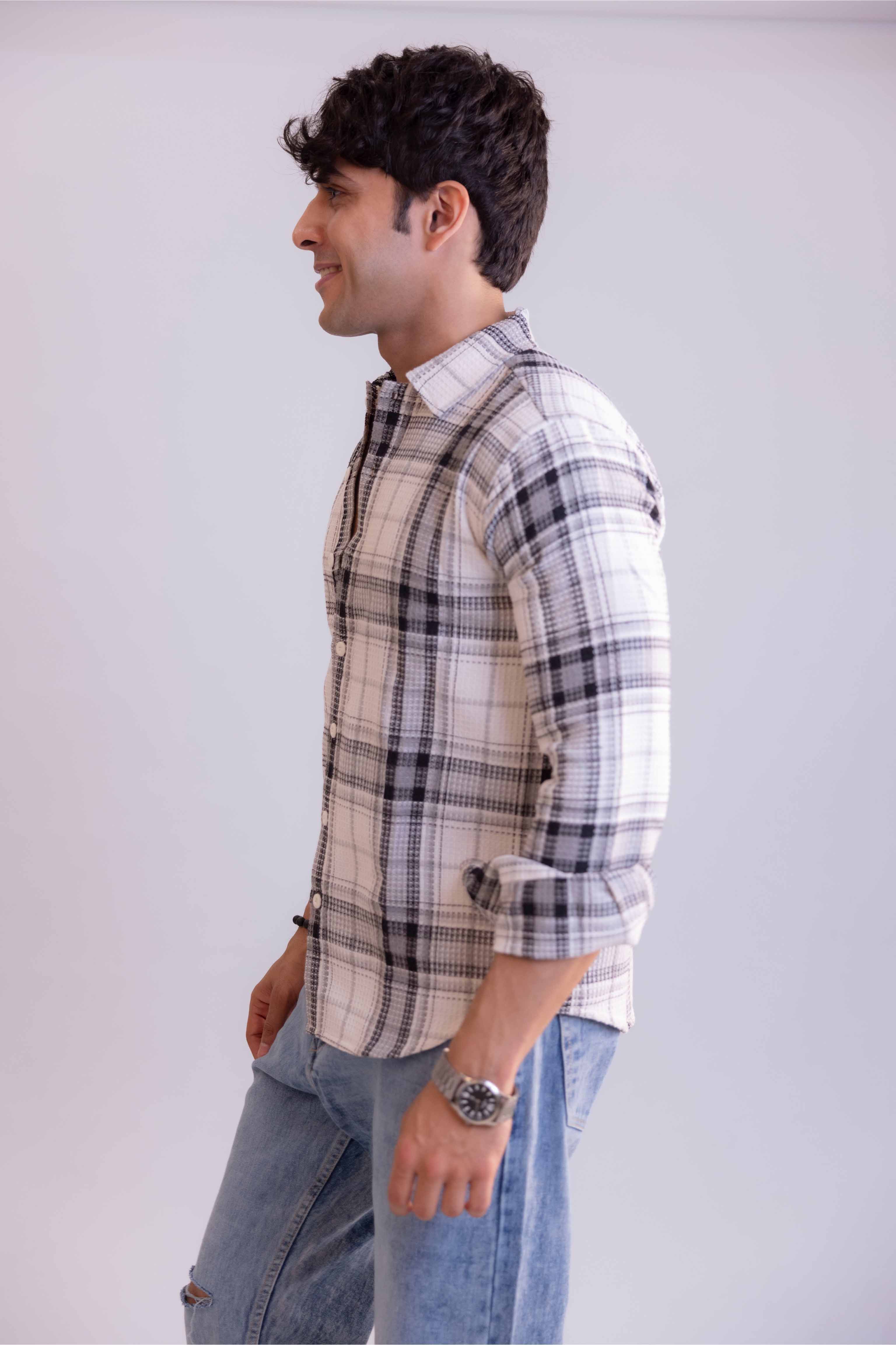 White Waffle Checks Regular Fit Full Sleeves Shirt