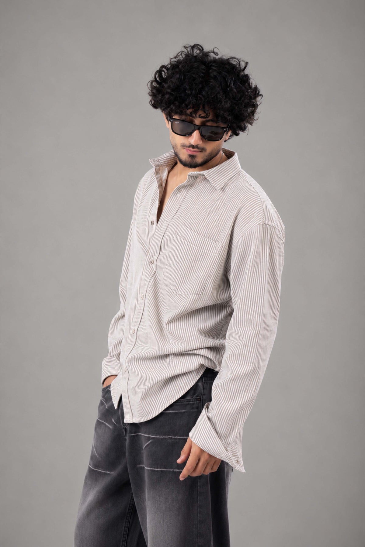 Brown and White Striped Regular Fit Full Sleeves Shirt