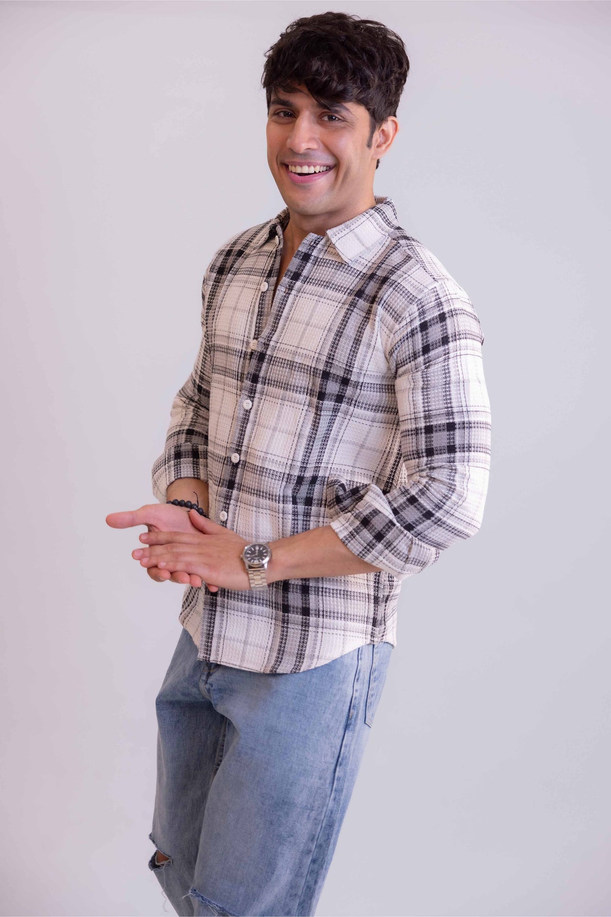 White Waffle Checks Regular Fit Full Sleeves Shirt