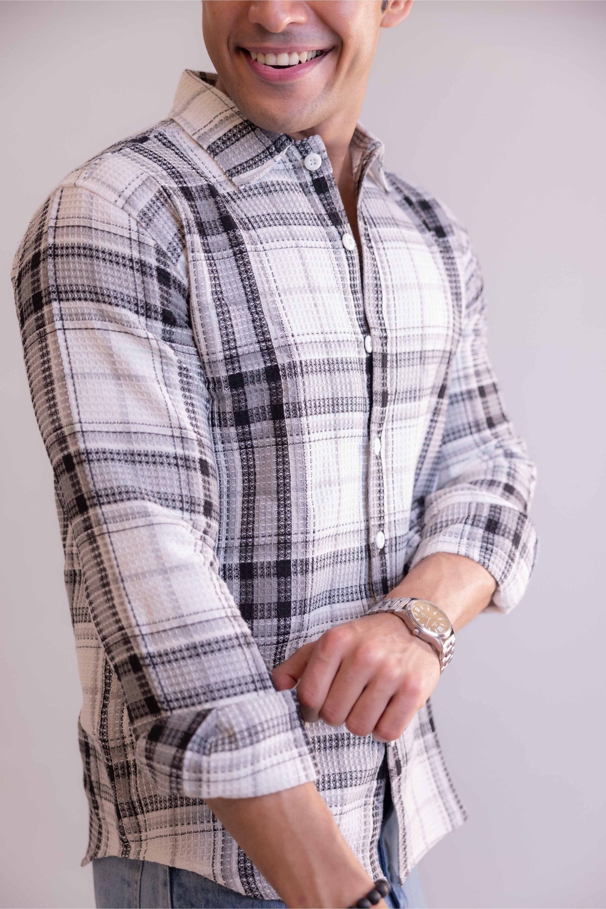 White Waffle Checks Regular Fit Full Sleeves Shirt
