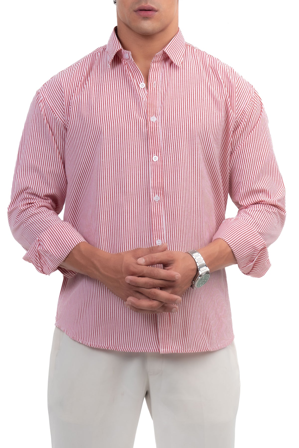 Red and White Striped Regular Fit Full Sleeves Shirt