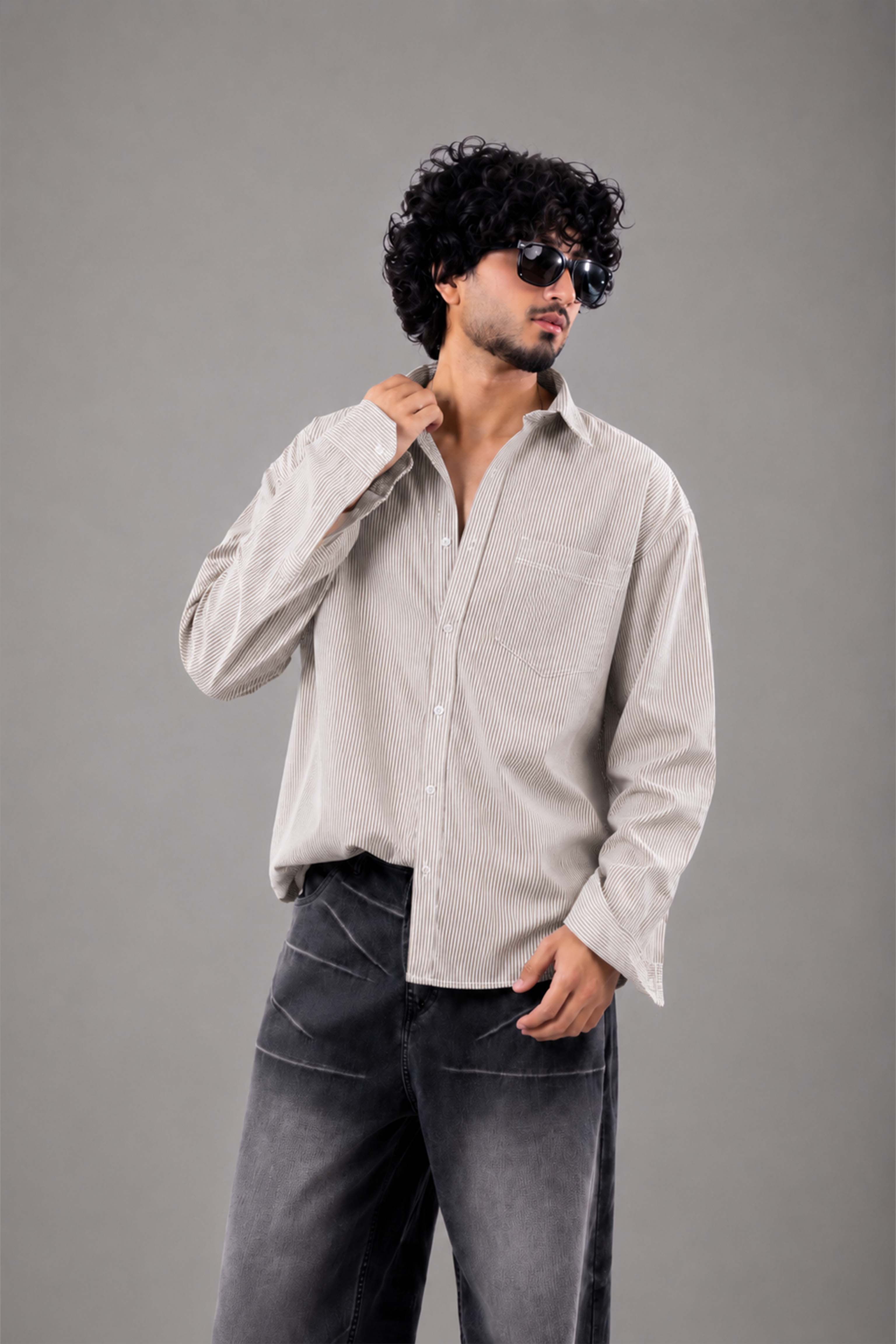 Brown and White Striped Regular Fit Full Sleeves Shirt