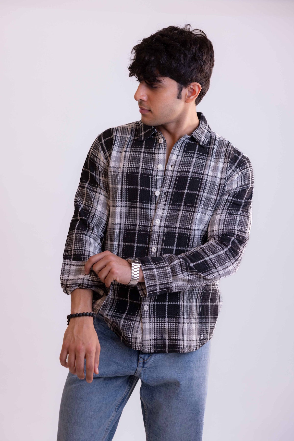 Black Waffle Checks Regular Fit Full Sleeves Shirt