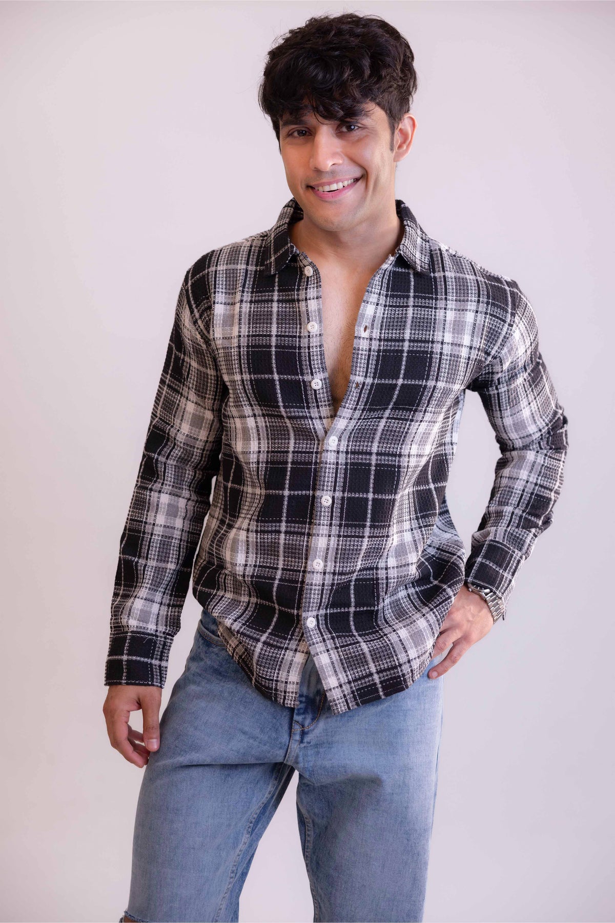 Black Waffle Checks Regular Fit Full Sleeves Shirt