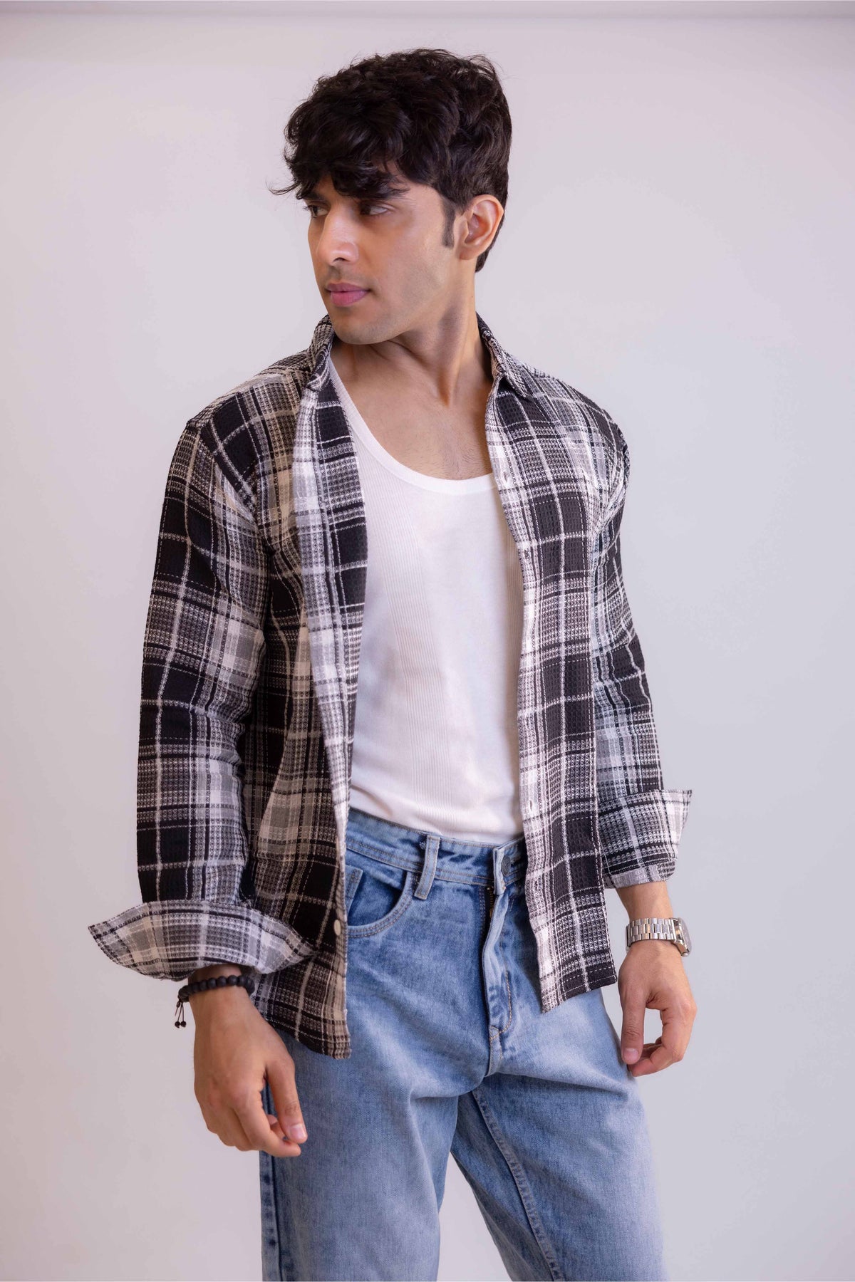 Black Waffle Checks Regular Fit Full Sleeves Shirt