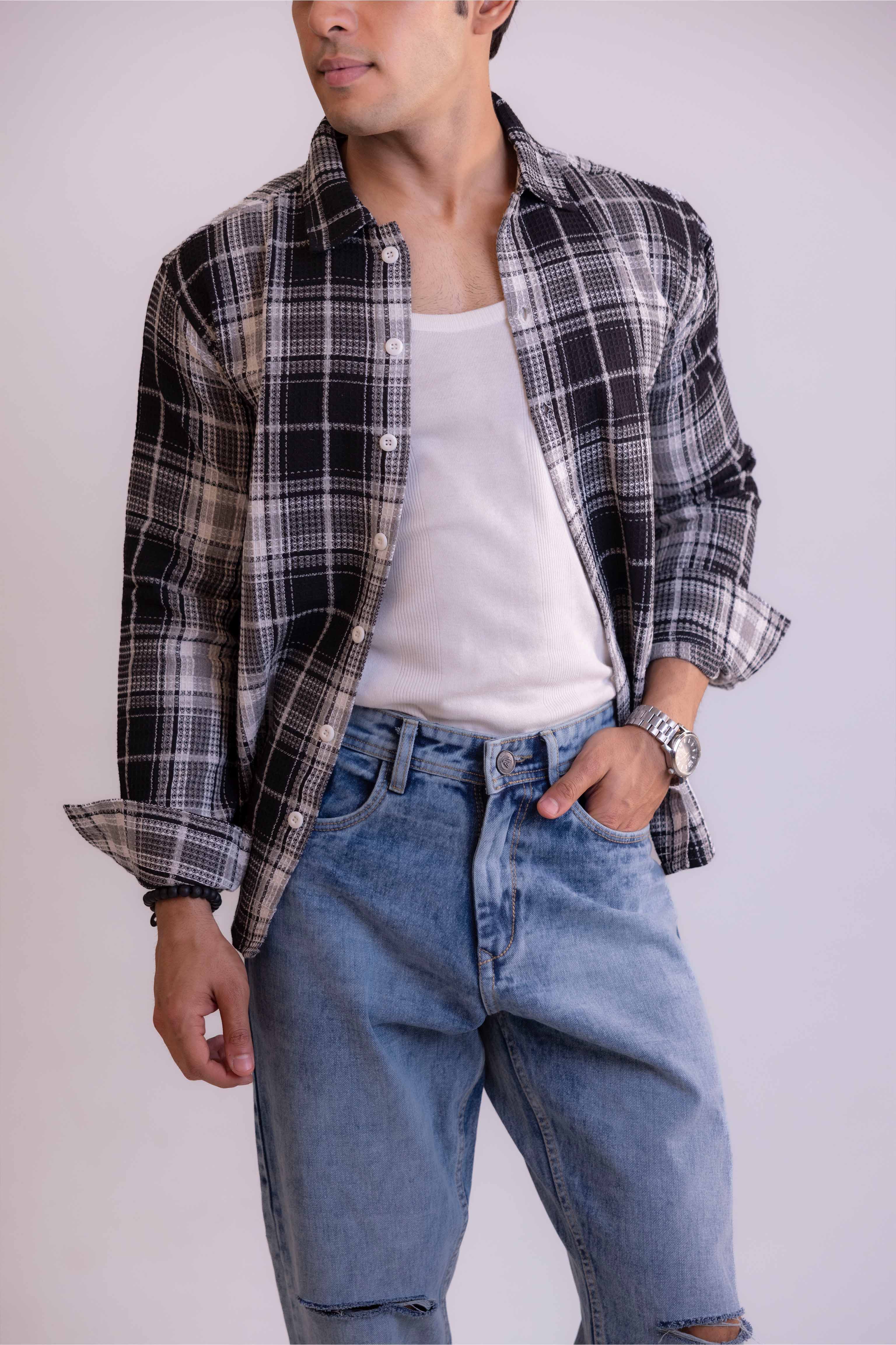 Black Waffle Checks Regular Fit Full Sleeves Shirt