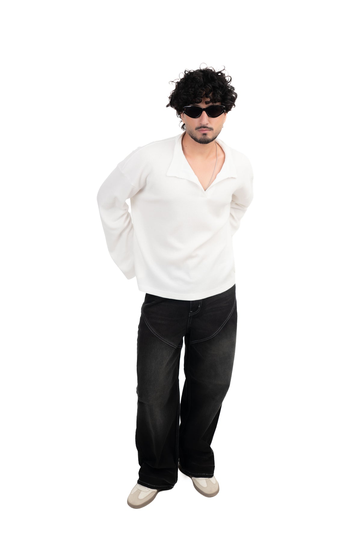 White Oversized Waffle Polo Tee