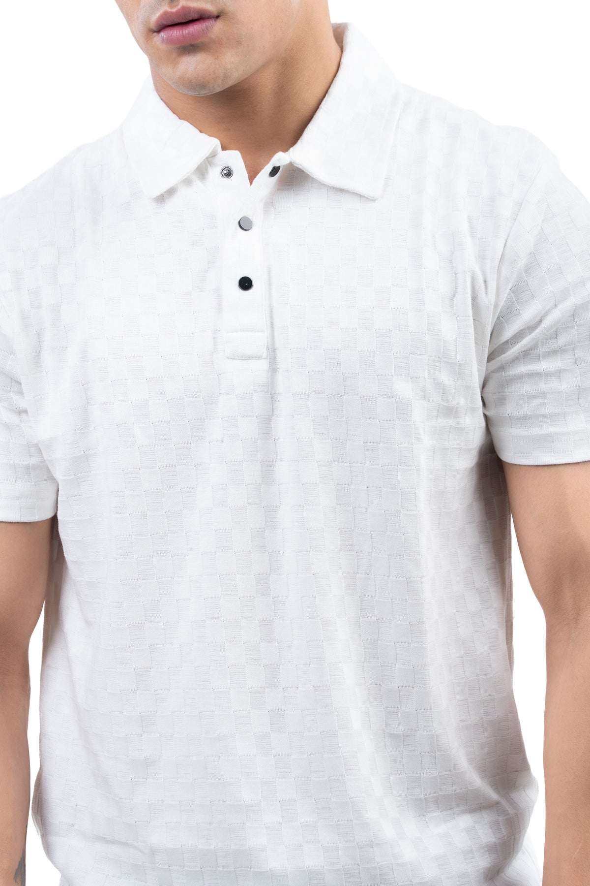 White Textured Check Polo T-Shirt