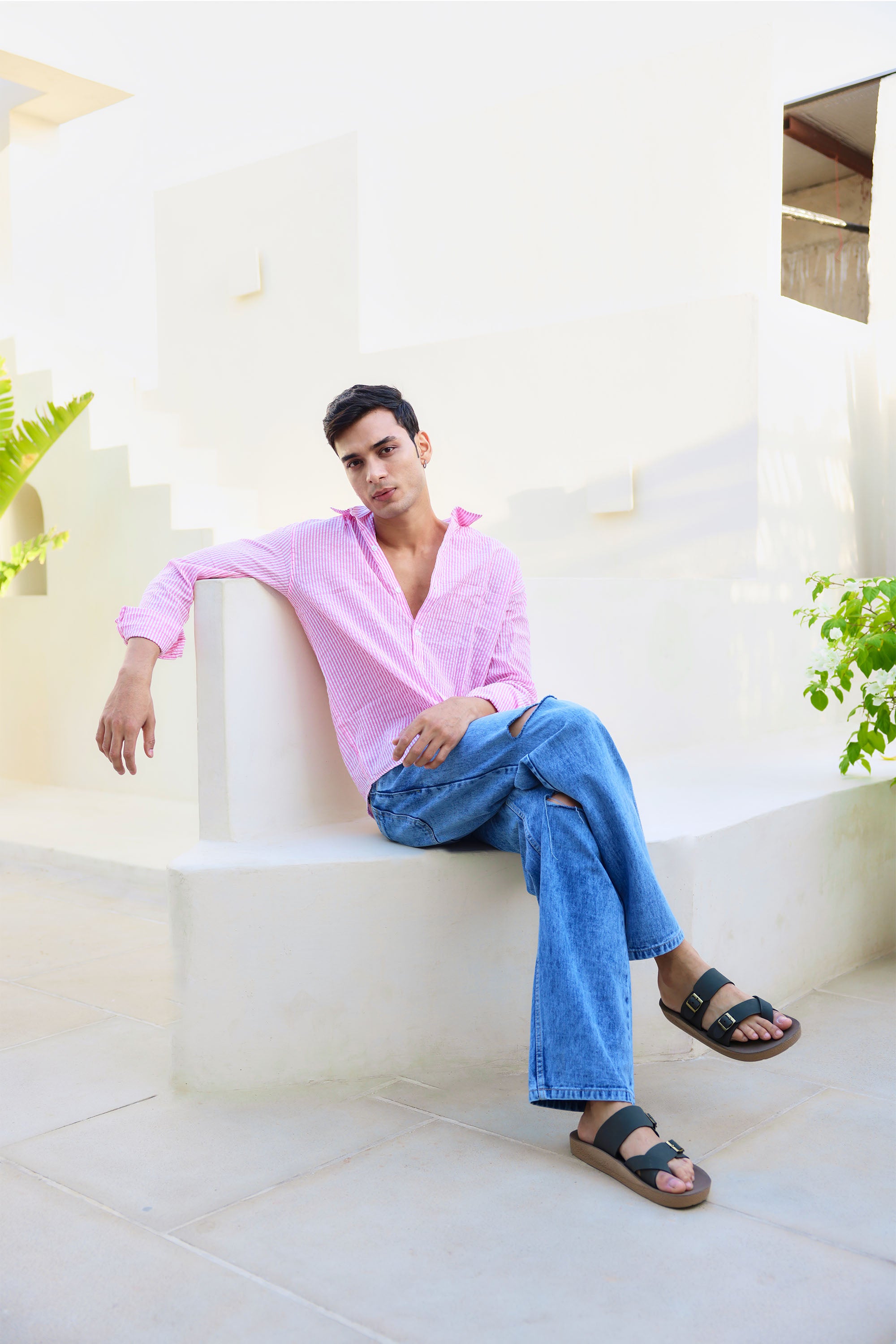 Pink and White Regular fit Striped Full Sleeves Shirt