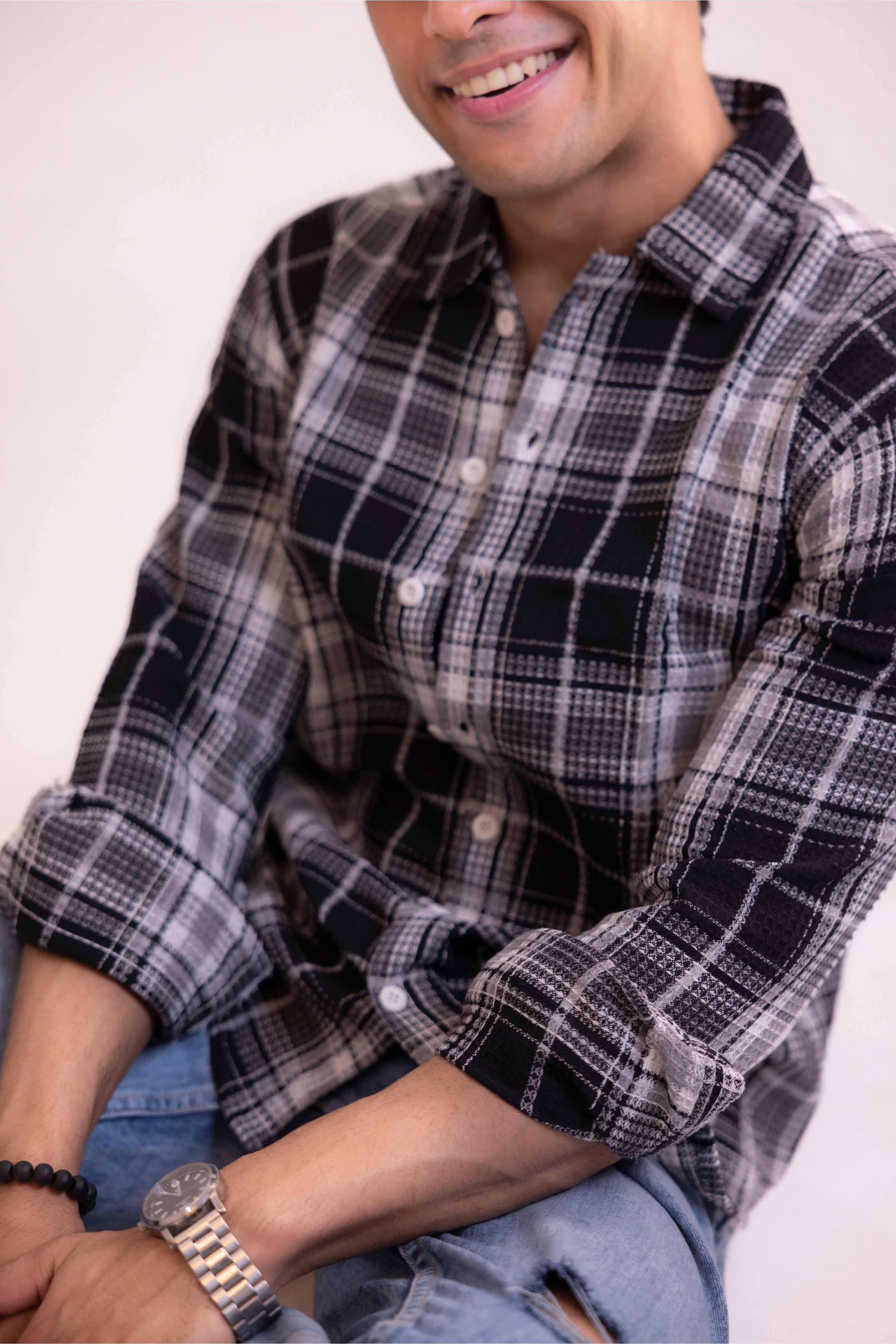 Black Waffle Checks Regular Fit Full Sleeves Shirt
