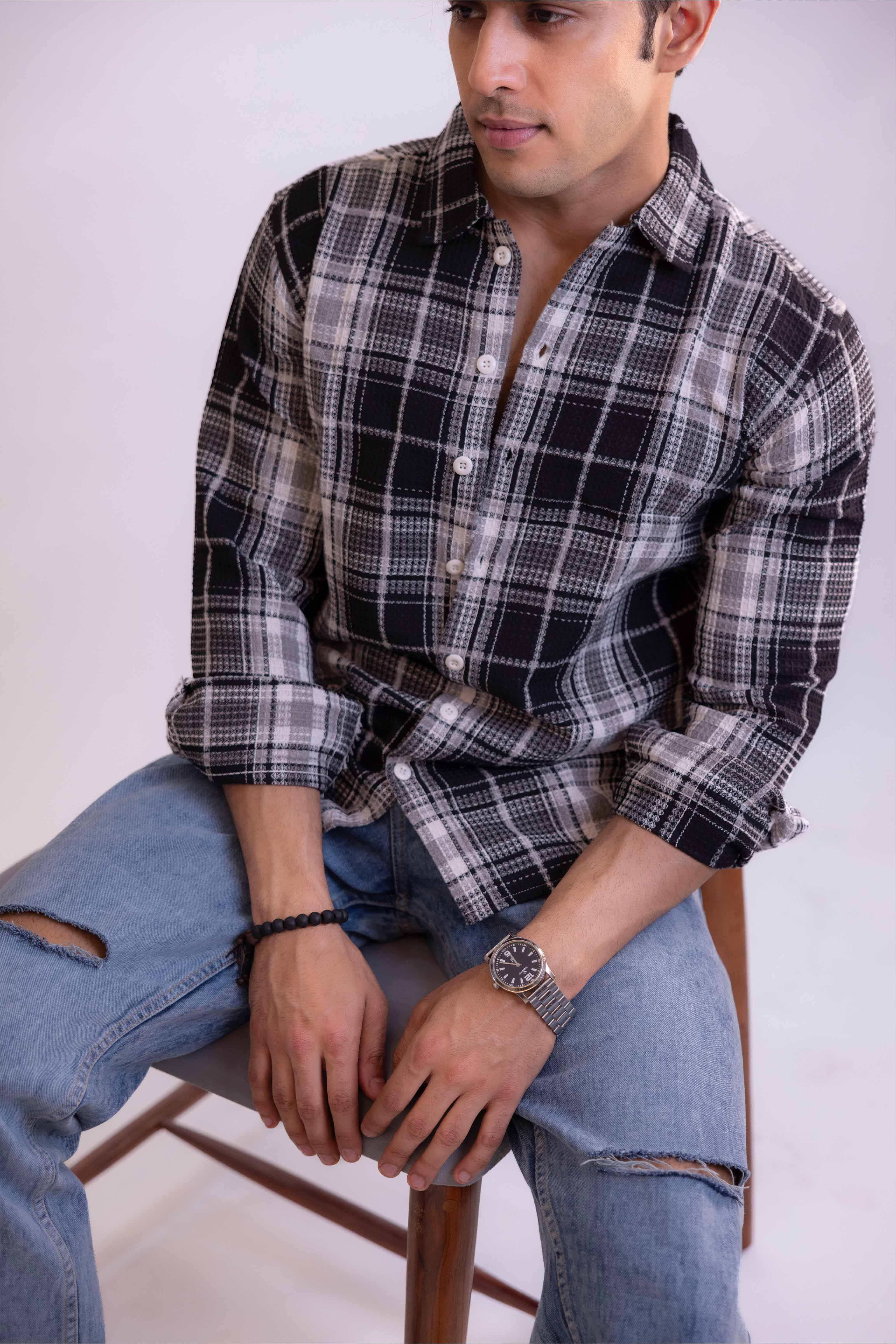 Black Waffle Checks Regular Fit Full Sleeves Shirt