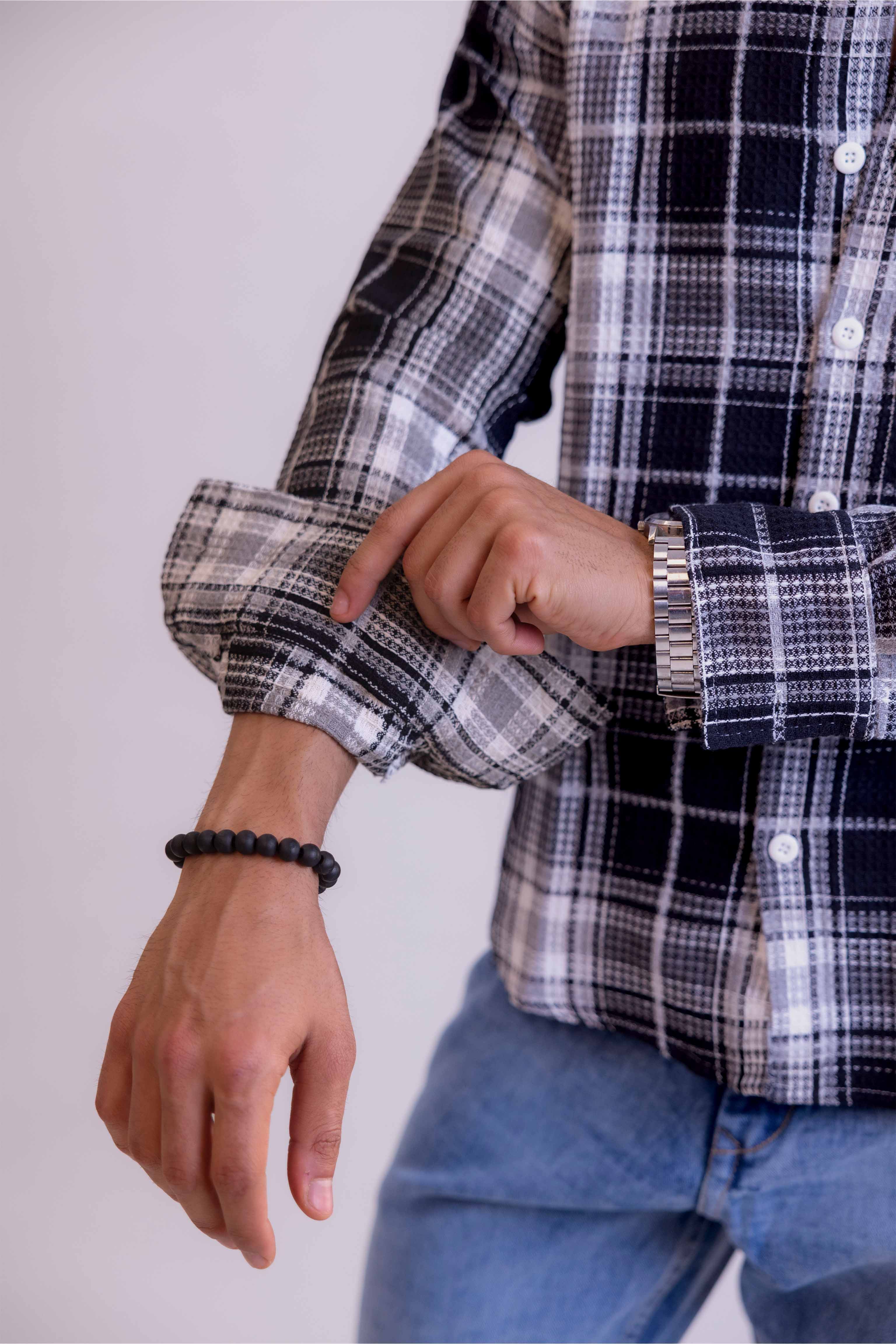 Black Waffle Checks Regular Fit Full Sleeves Shirt