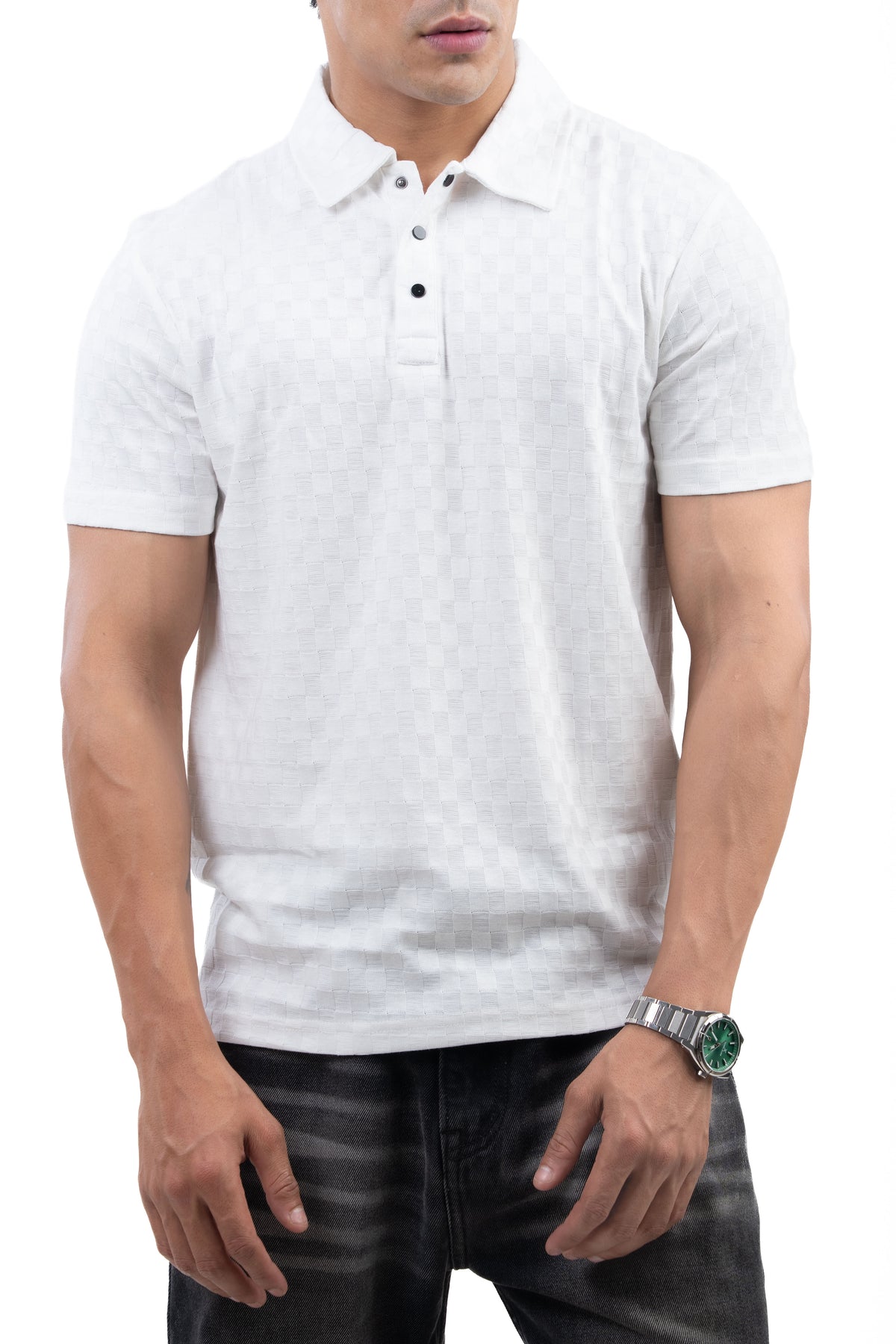 White Textured Check Polo T-Shirt