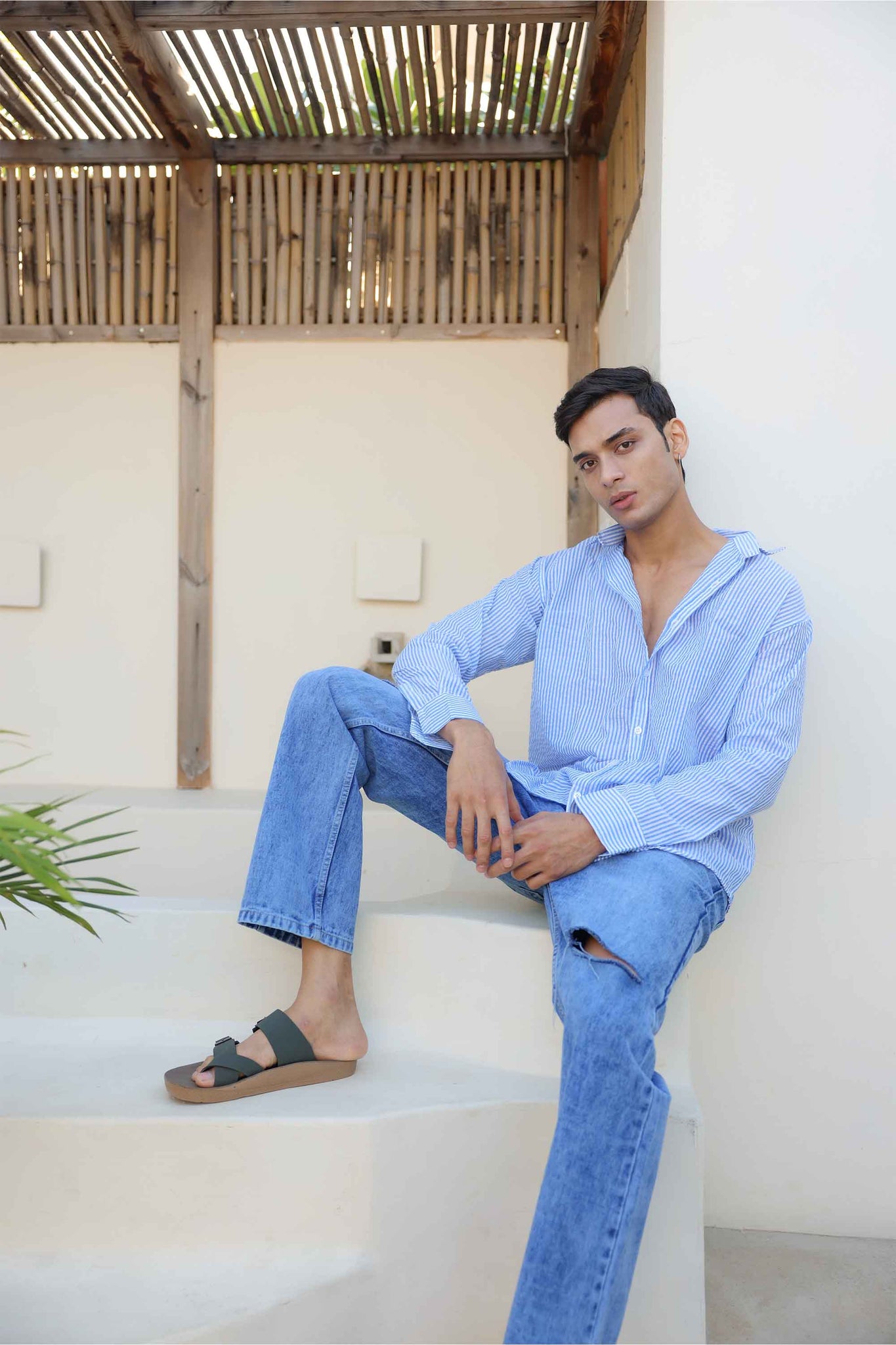 Blue and White Regular fit Striped Full Sleeves Shirt