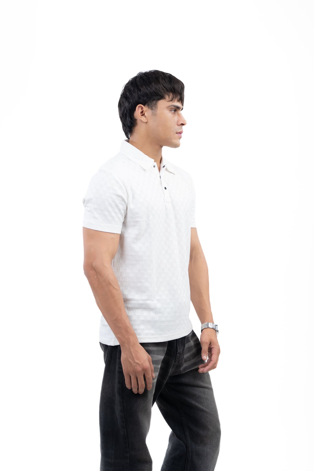 White Textured Check Polo T-Shirt
