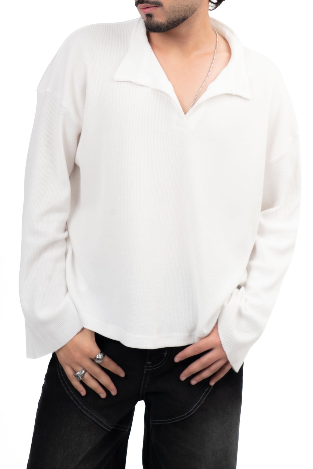White Oversized Waffle Polo Tee