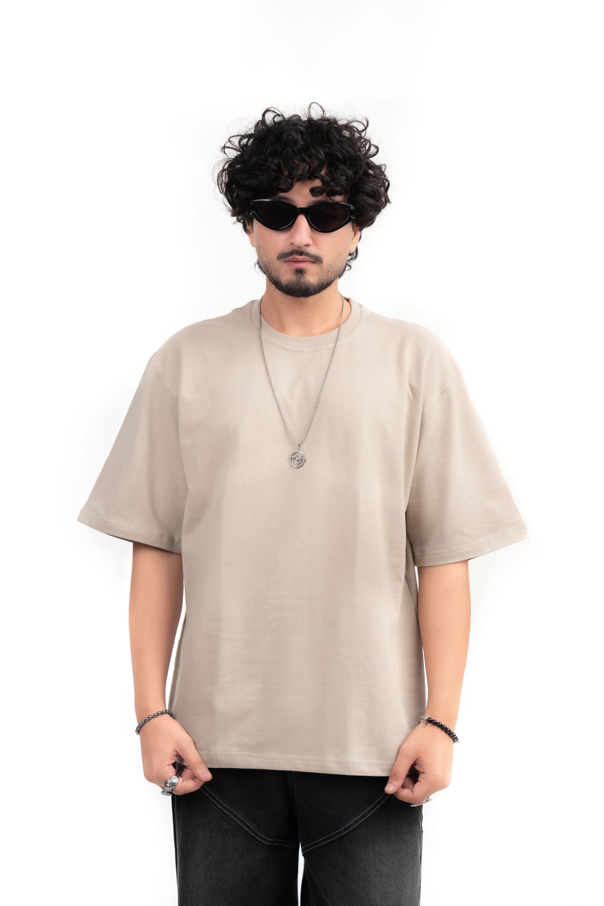 Beige Solid Oversize T-Shirt