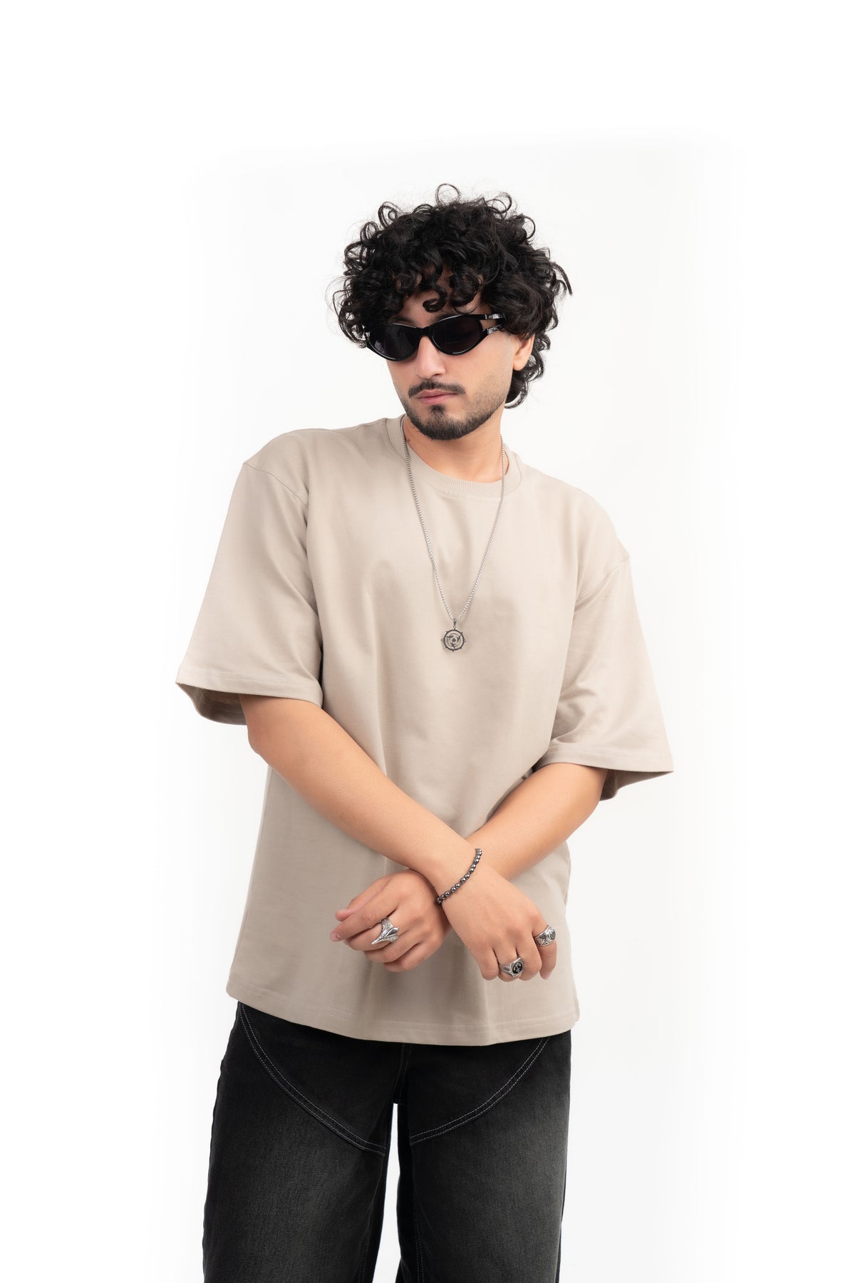 Beige Solid Oversize T-Shirt