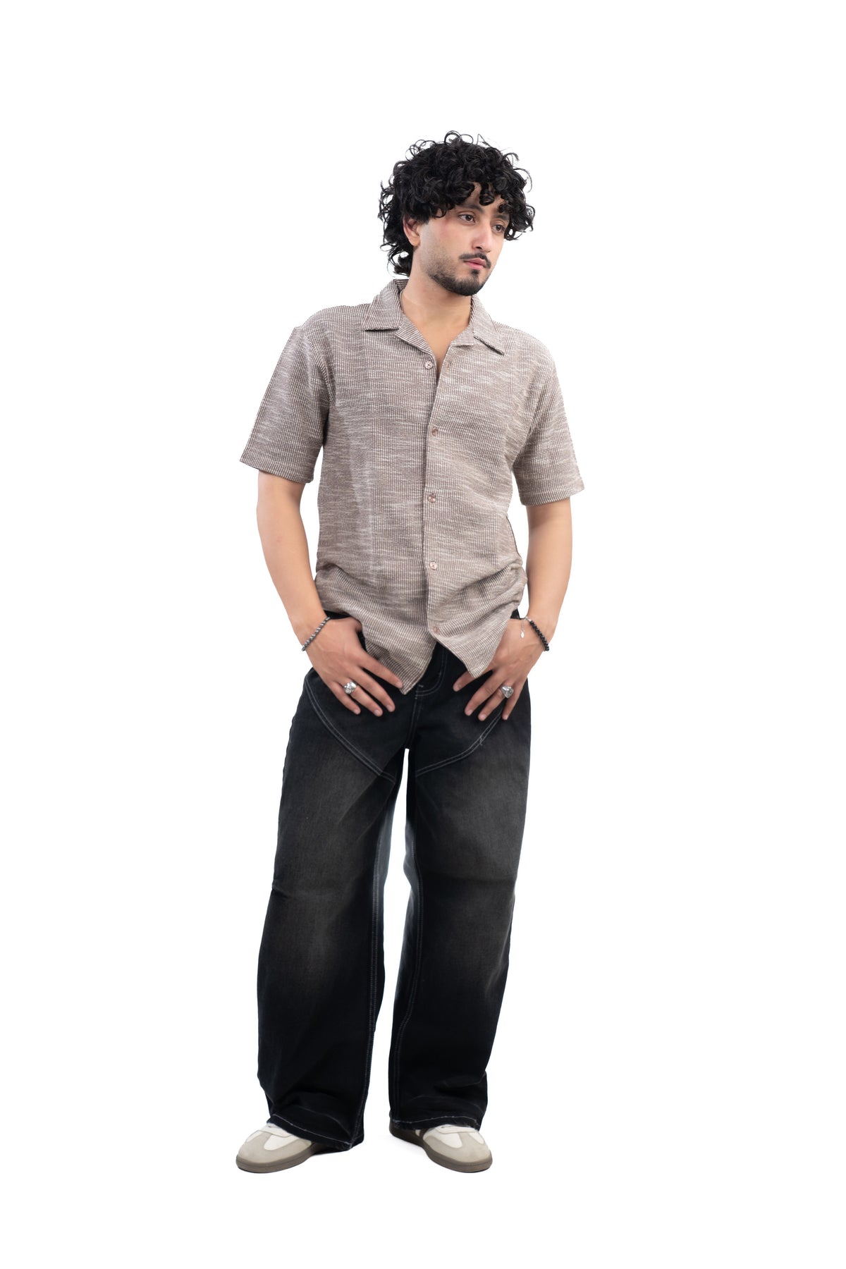 Textured Knit Half Sleeve Shirt Brown