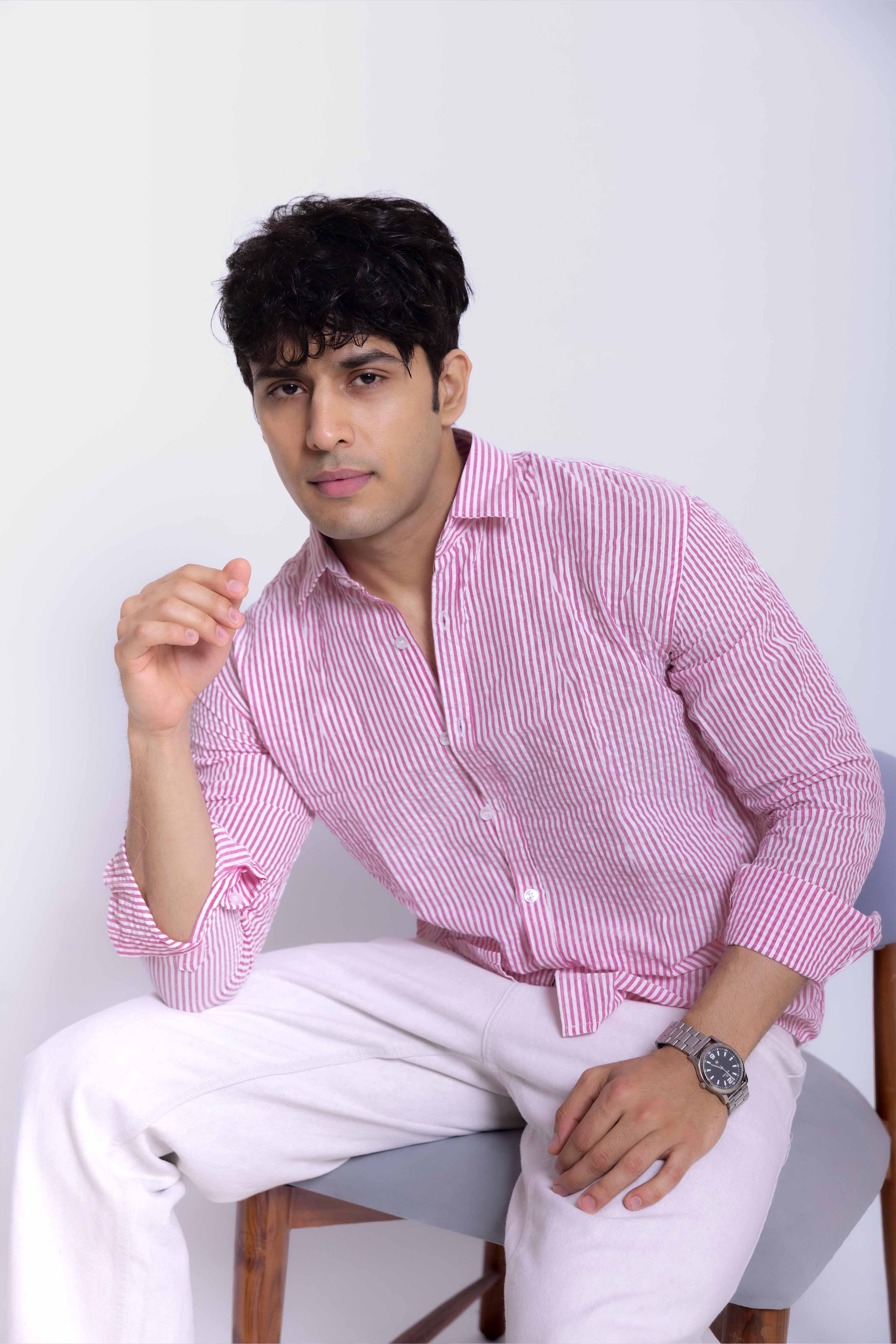 Pink and White Regular fit Striped Full Sleeves Shirt