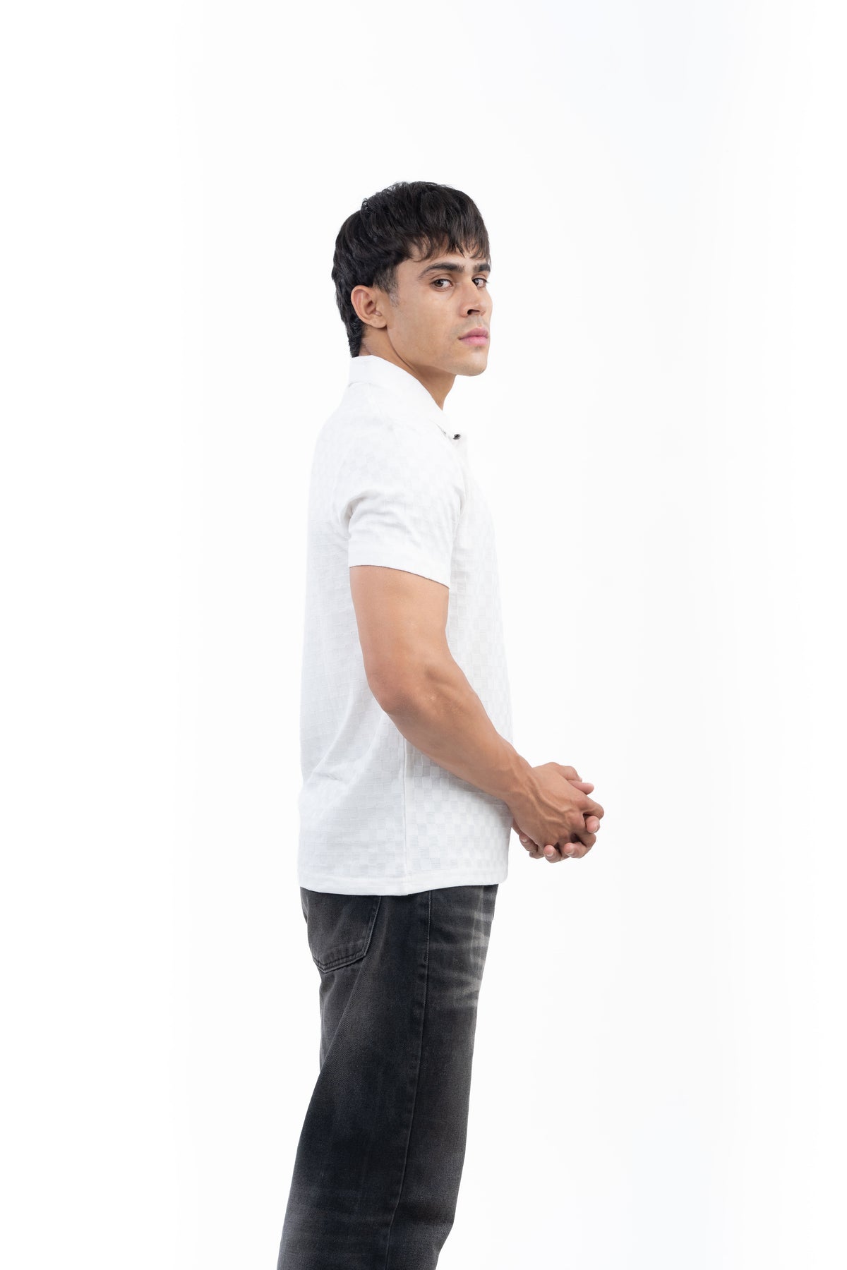 White Textured Check Polo T-Shirt