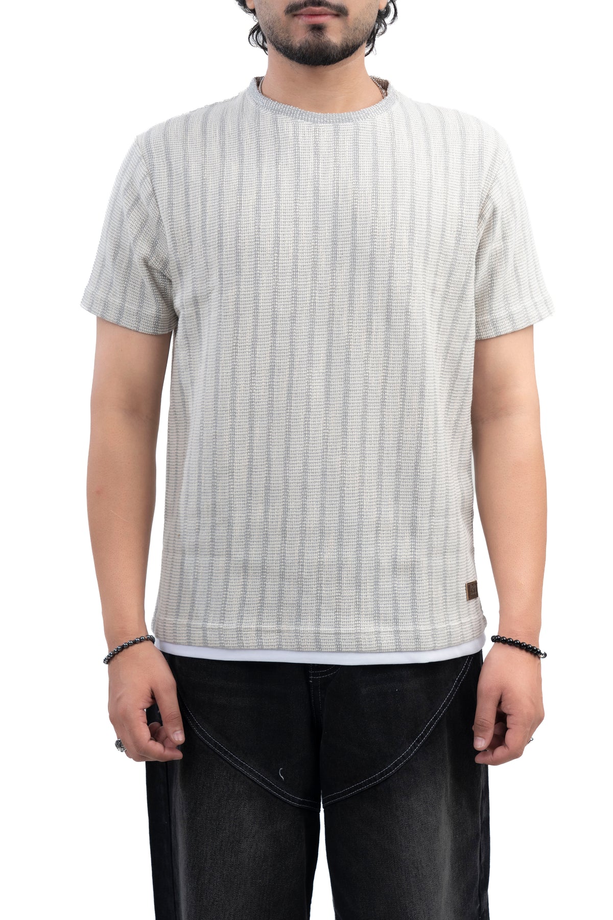 Grey Textured Ribbed Regular Fit T-Shirt