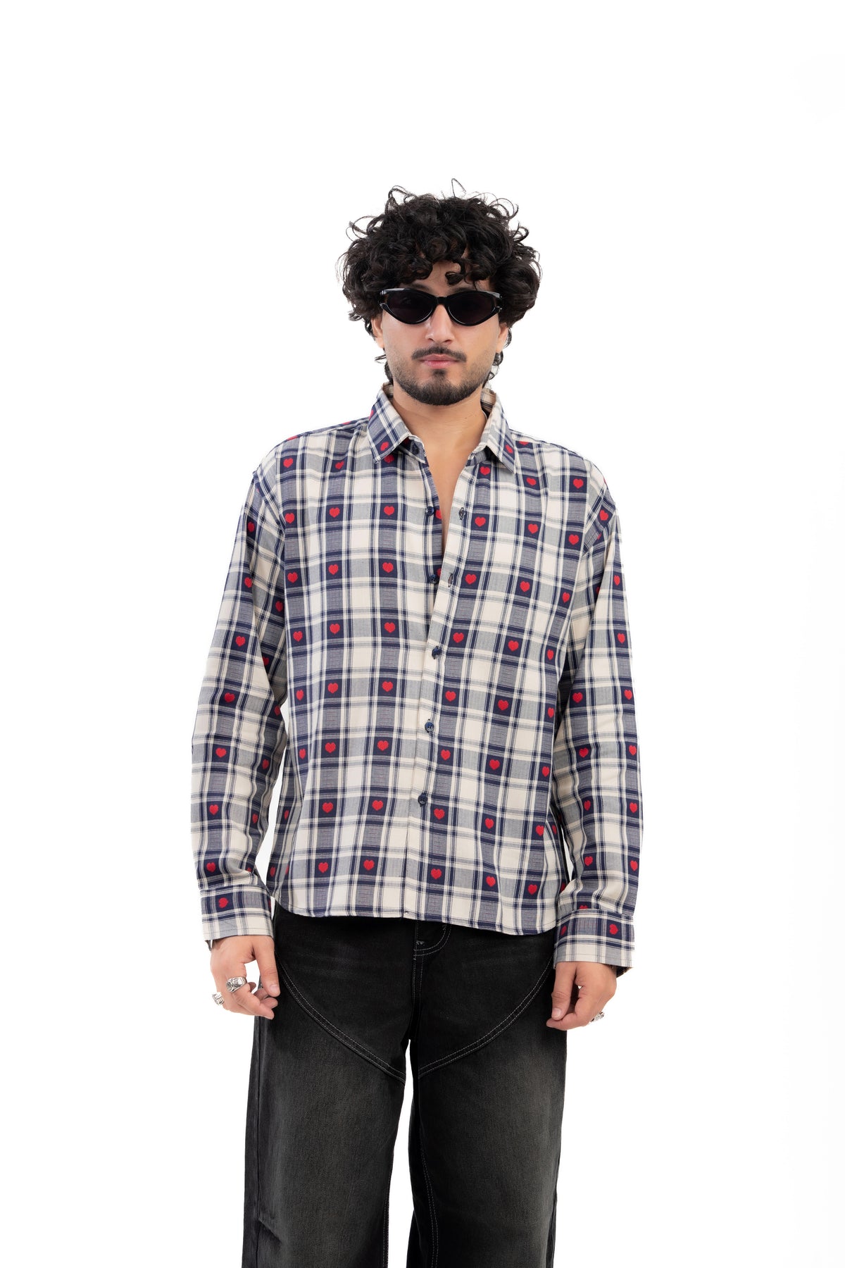 Blue Heart Embroidered Check Shirt