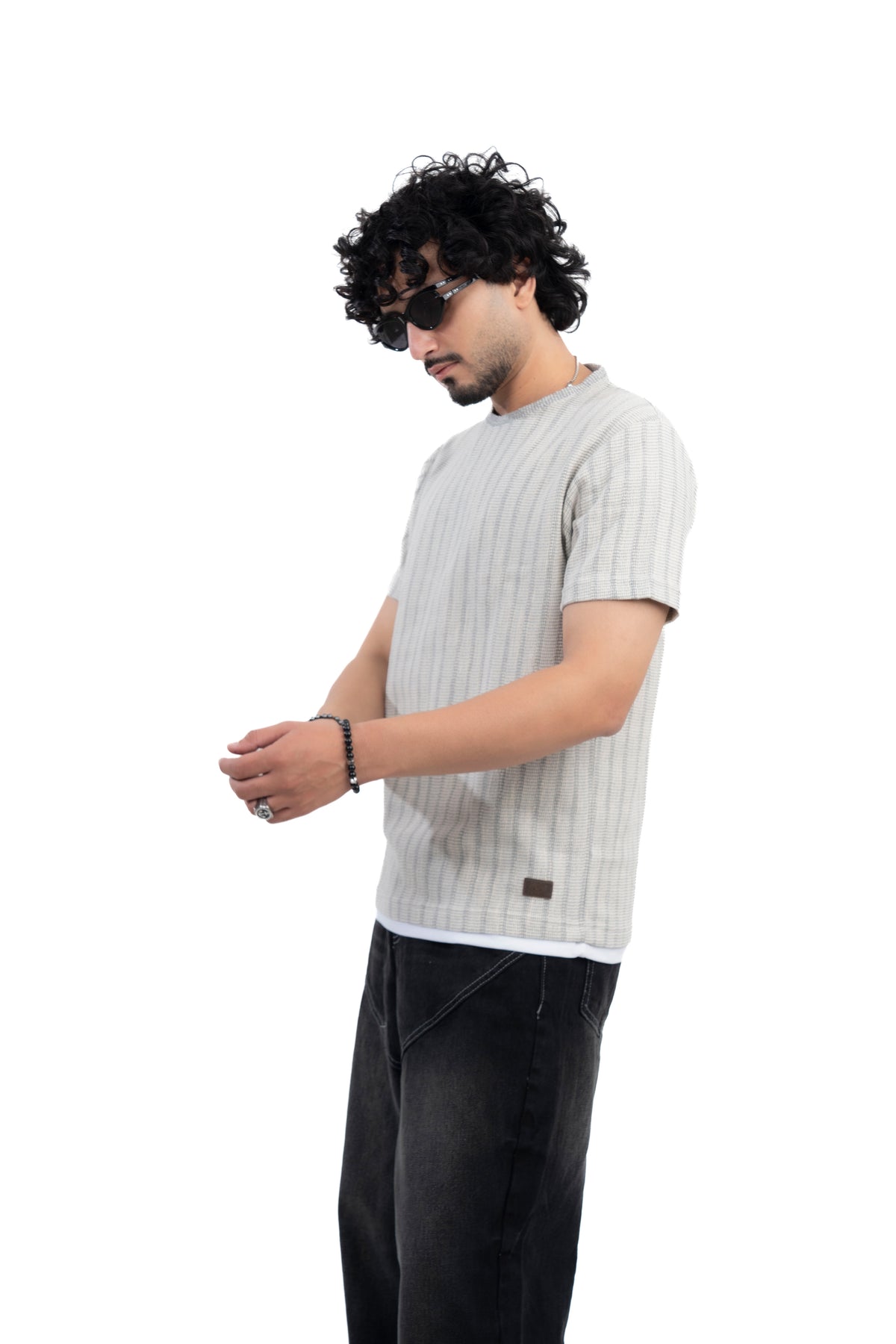 Grey Textured Ribbed Regular Fit T-Shirt