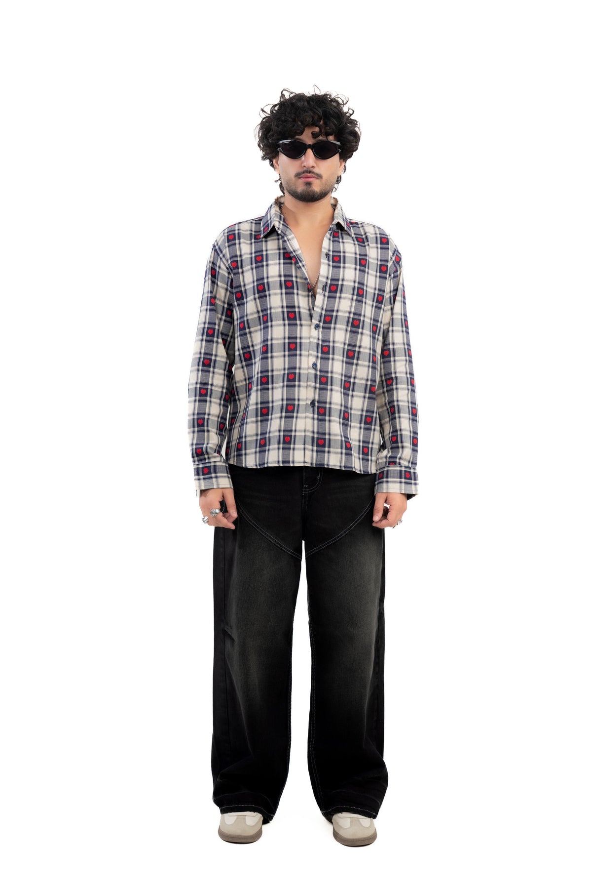 Blue Heart Embroidered Check Shirt