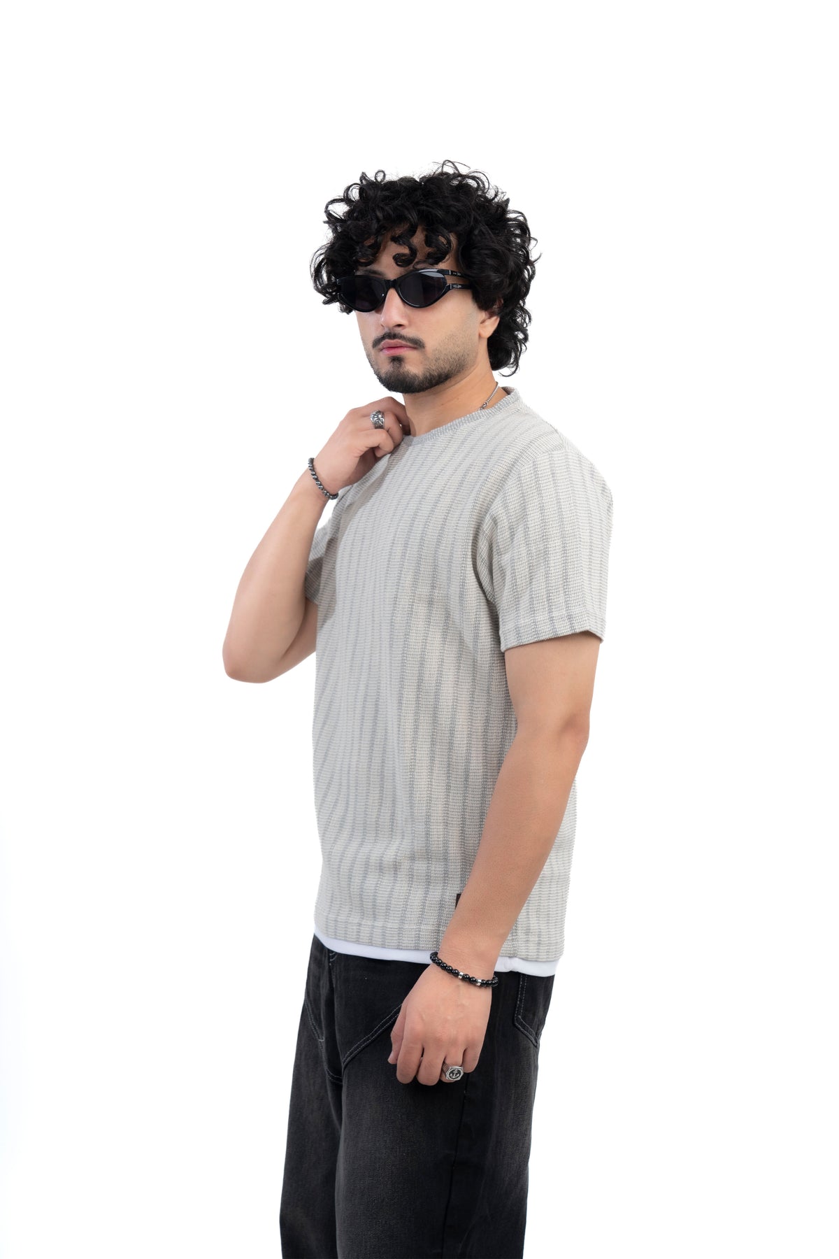 Grey Textured Ribbed Regular Fit T-Shirt