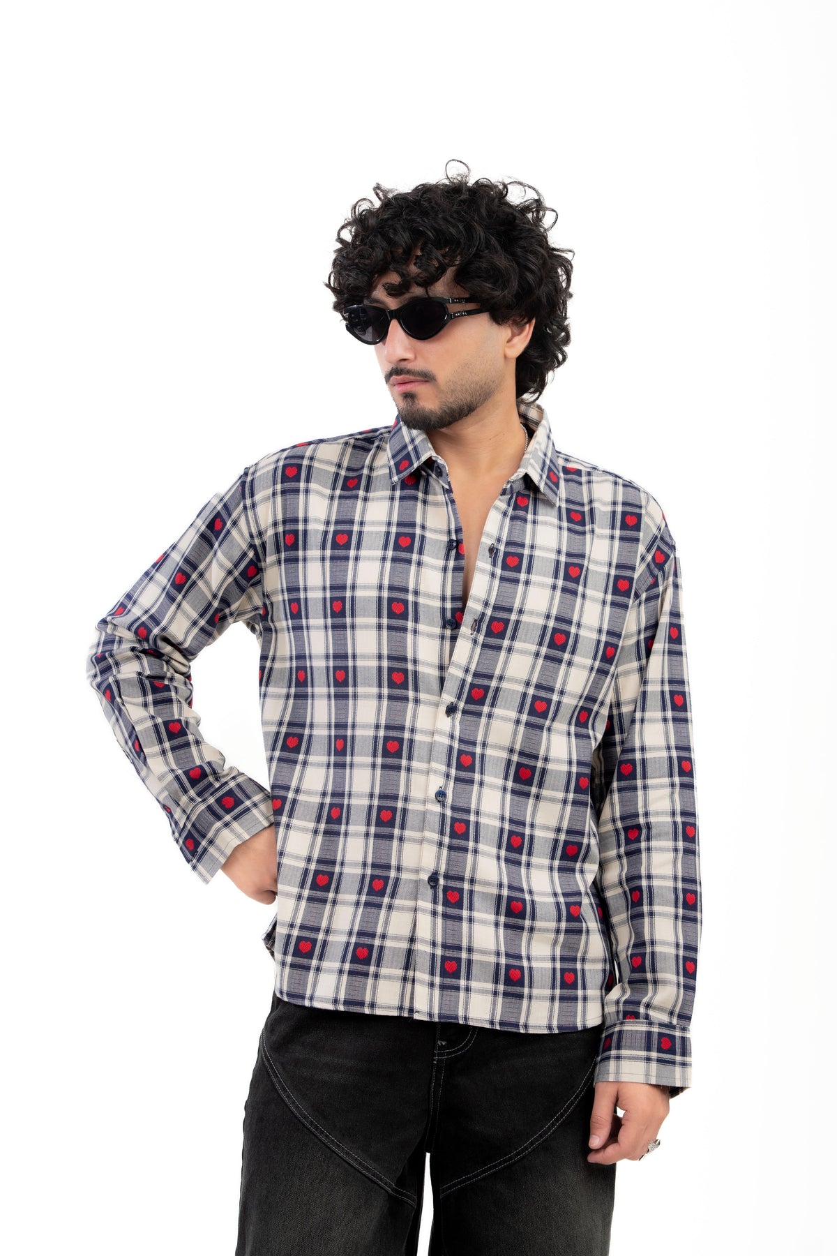 Blue Heart Embroidered Check Shirt