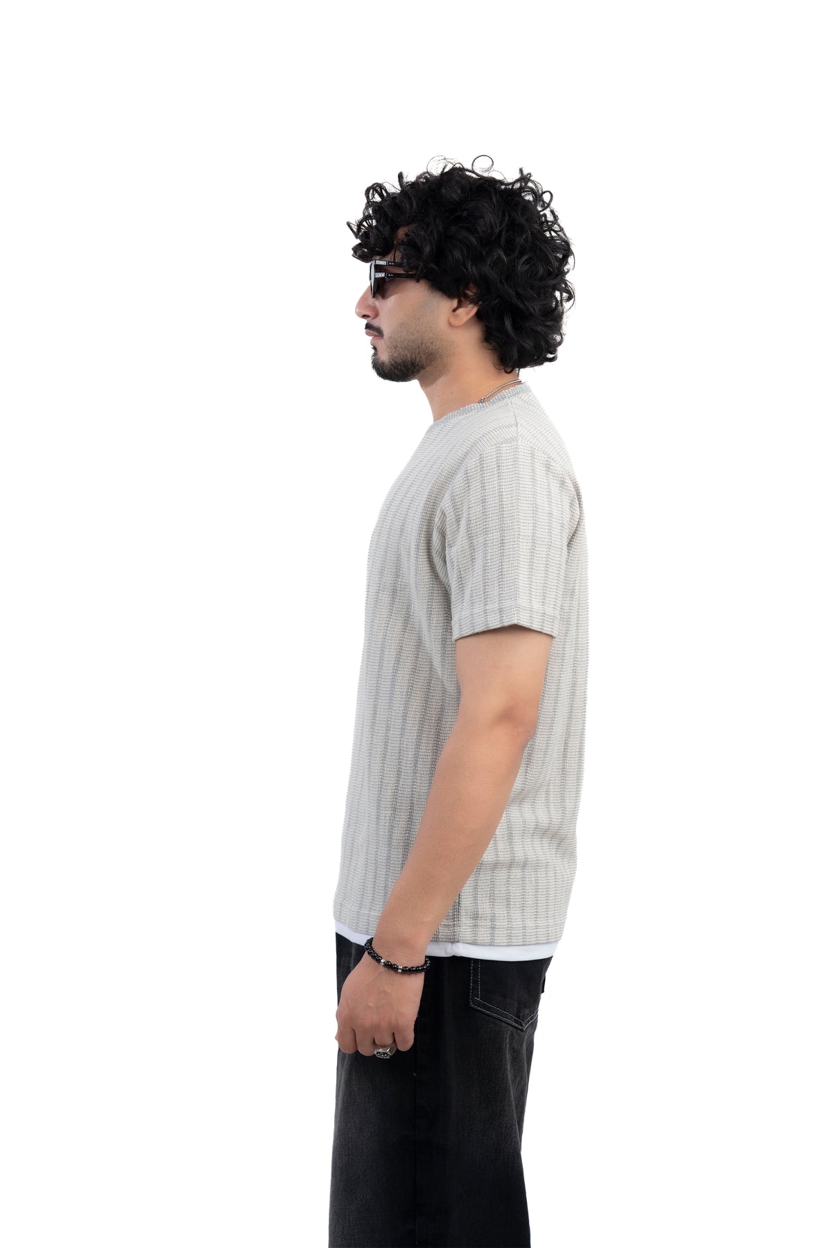 Grey Textured Ribbed Regular Fit T-Shirt