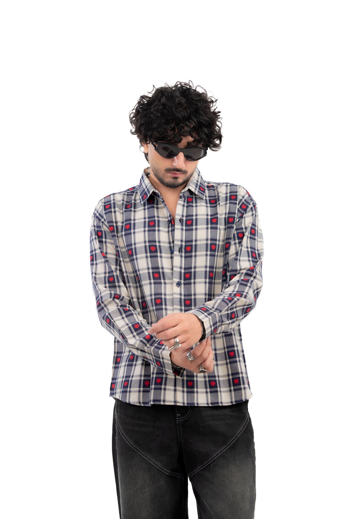 Blue Heart Embroidered Check Shirt